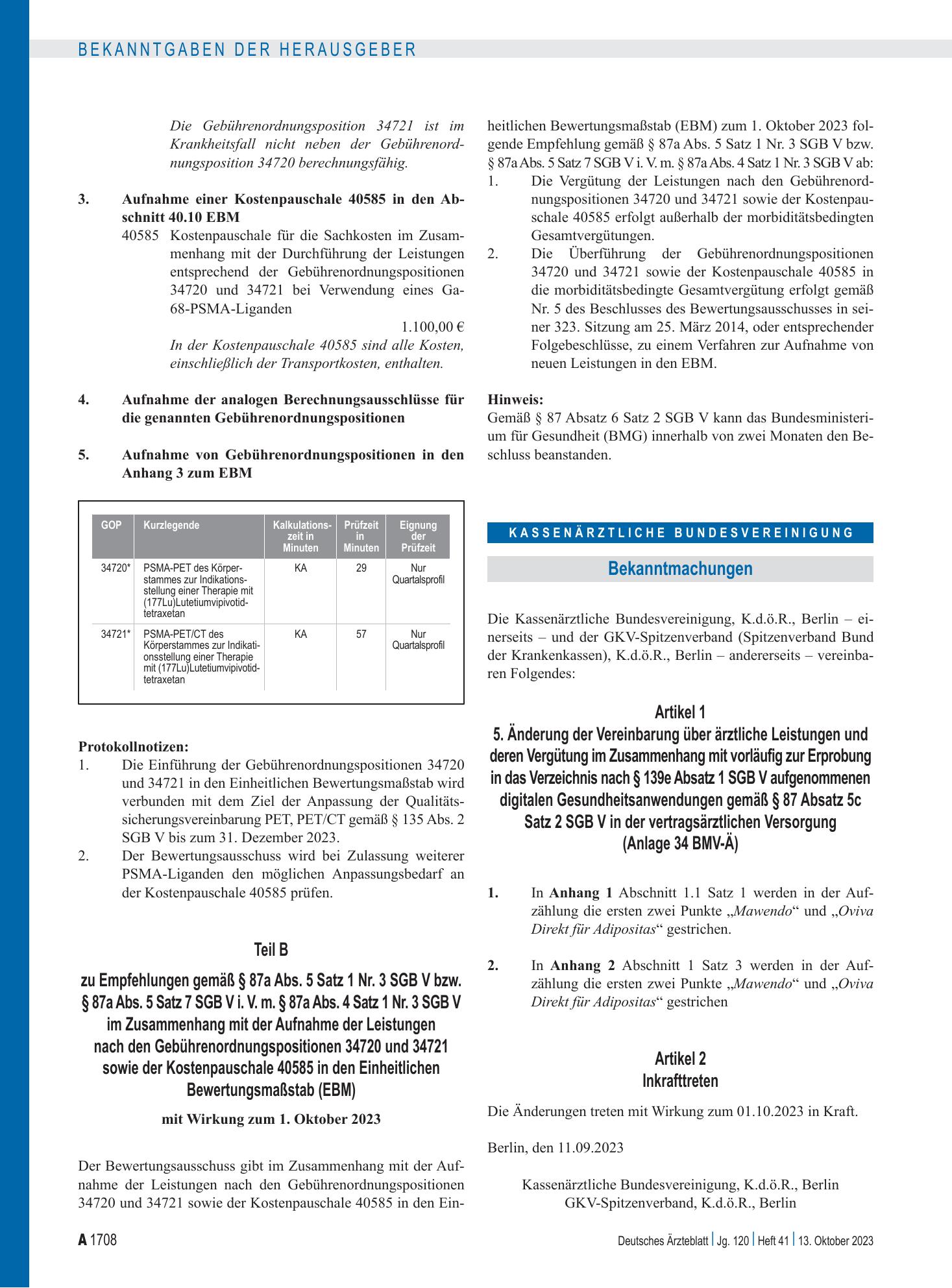Vorschauseite 1: 5. Änderung der Vereinbarung über ärztliche Leistungen und deren Vergütung im Zusammenhang mit vorläufig zur Erprobung in das Verzeichnis nach § 139e Absatz 1 SGB V aufgenommenen…