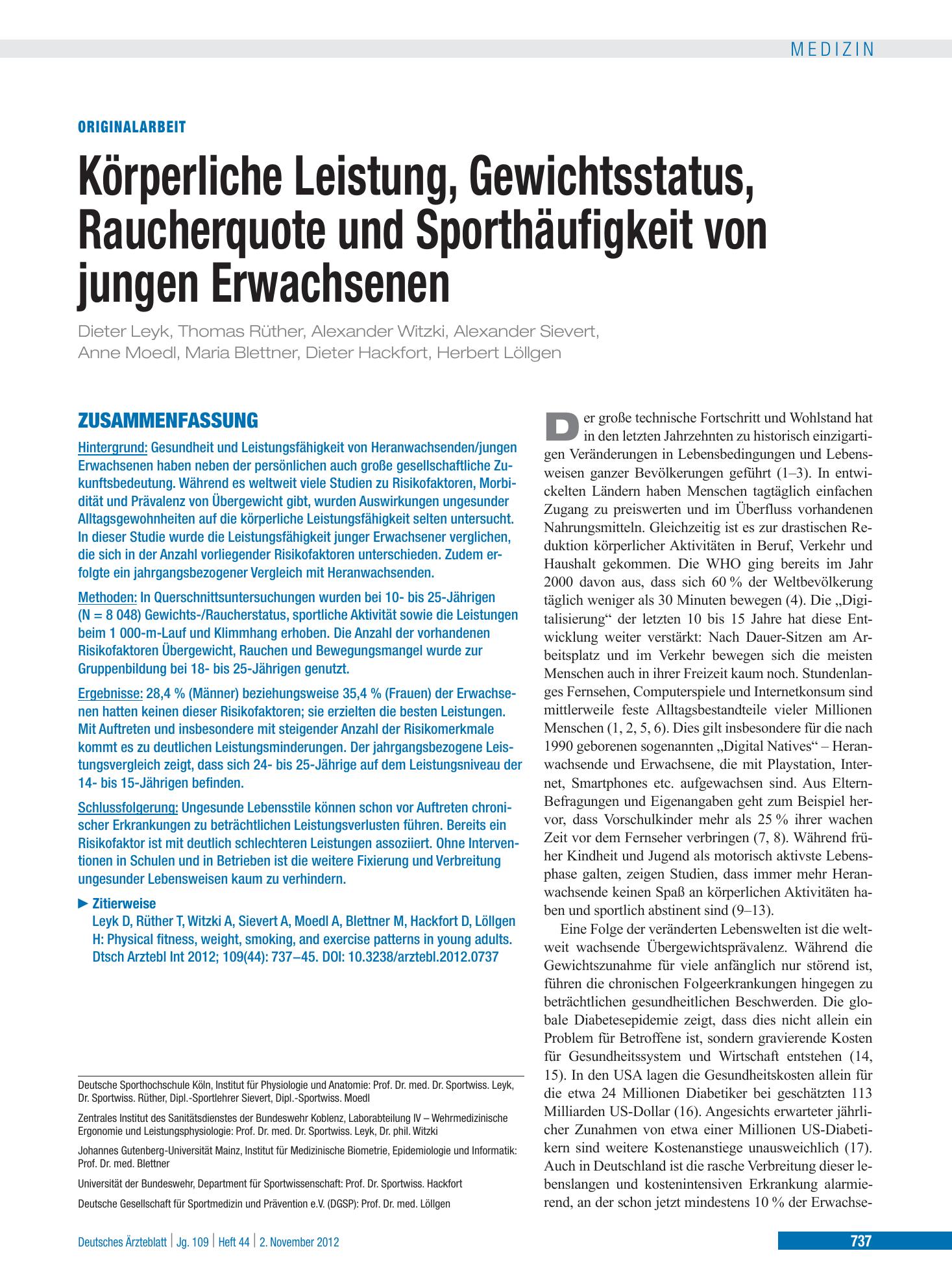 Vorschauseite 1: Körperliche Leistung, Gewichtsstatus, Raucherquote und Sporthäufigkeit von jungen Erwachsenen – Deutsches Ärzteblatt
