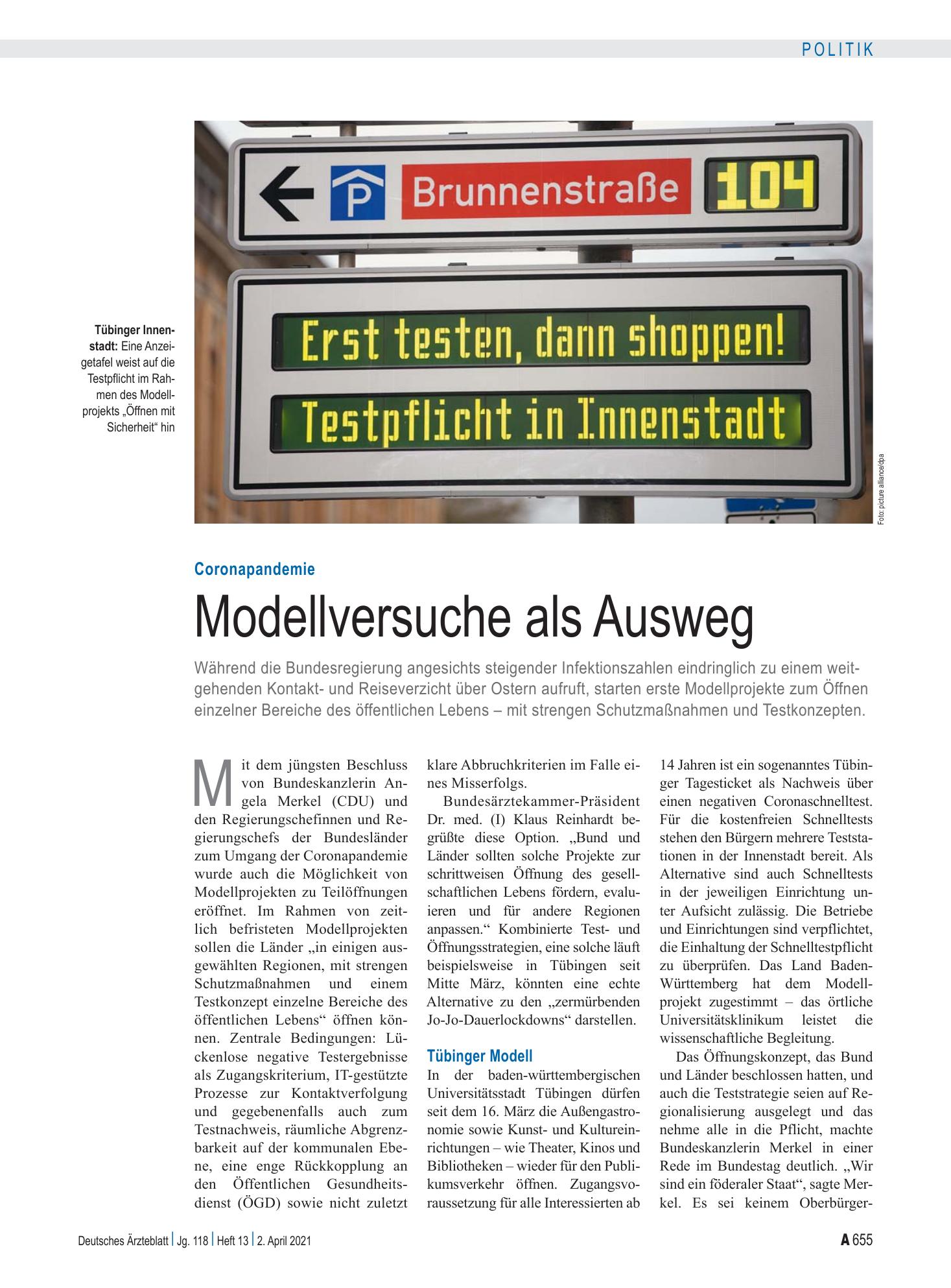 Vorschauseite 1: Coronapandemie: Modellversuche als Ausweg – Deutsches Ärzteblatt