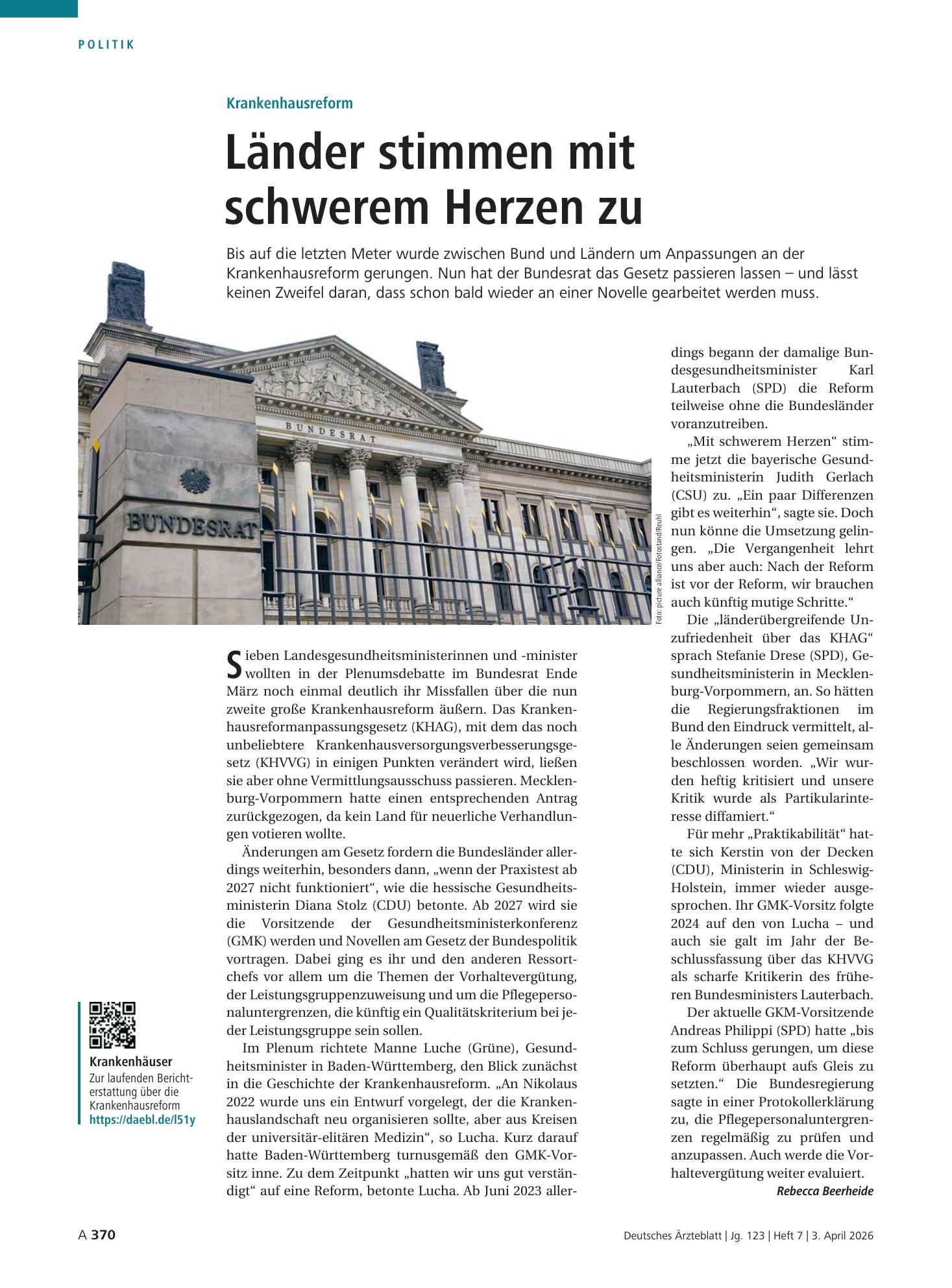 Vorschauseite 1: Krankenhausreform: Länder stimmen mit schwerem Herzen zu – Deutsches Ärzteblatt