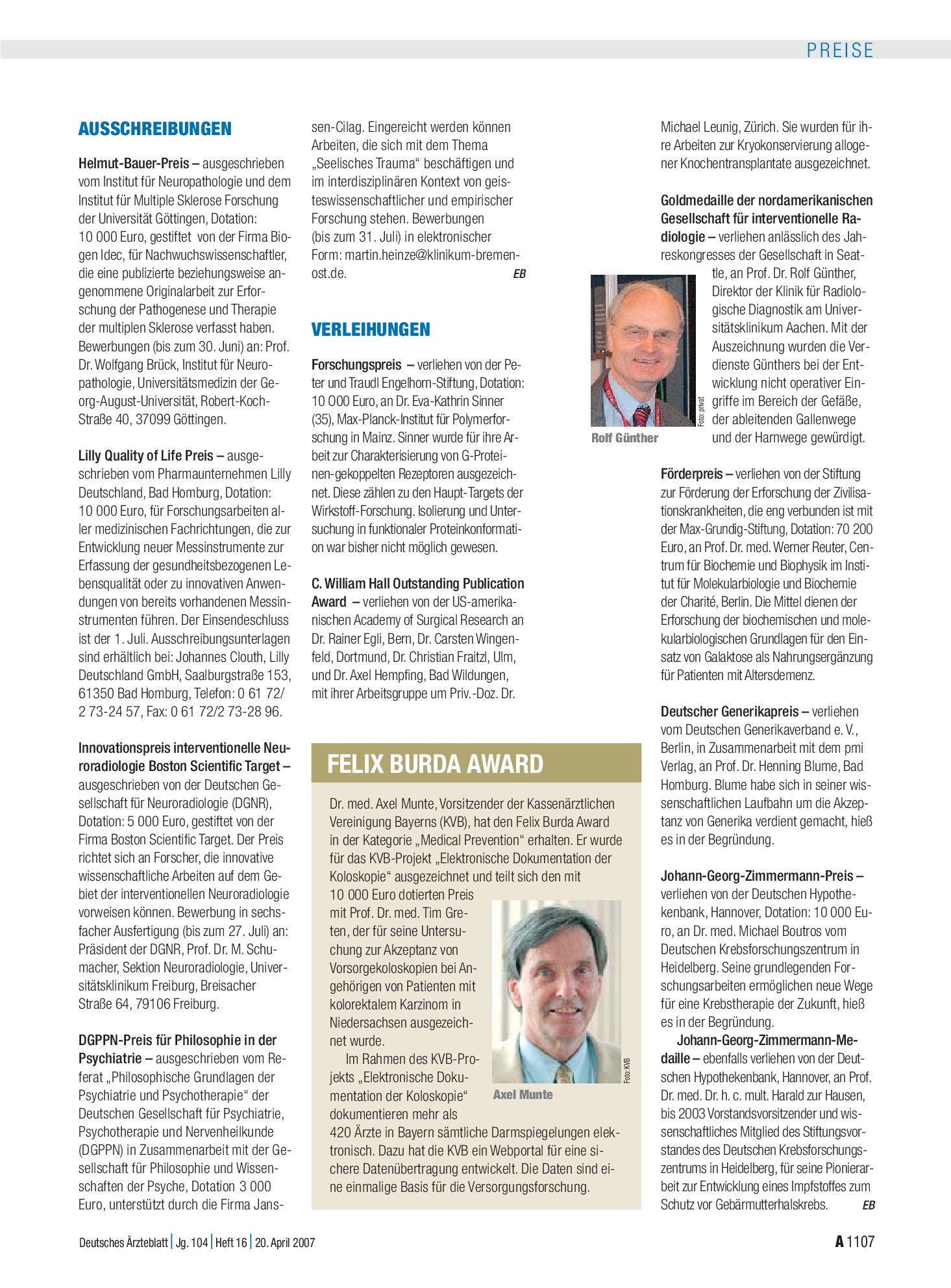 Vorschauseite 1: Verleihungen – Deutsches Ärzteblatt