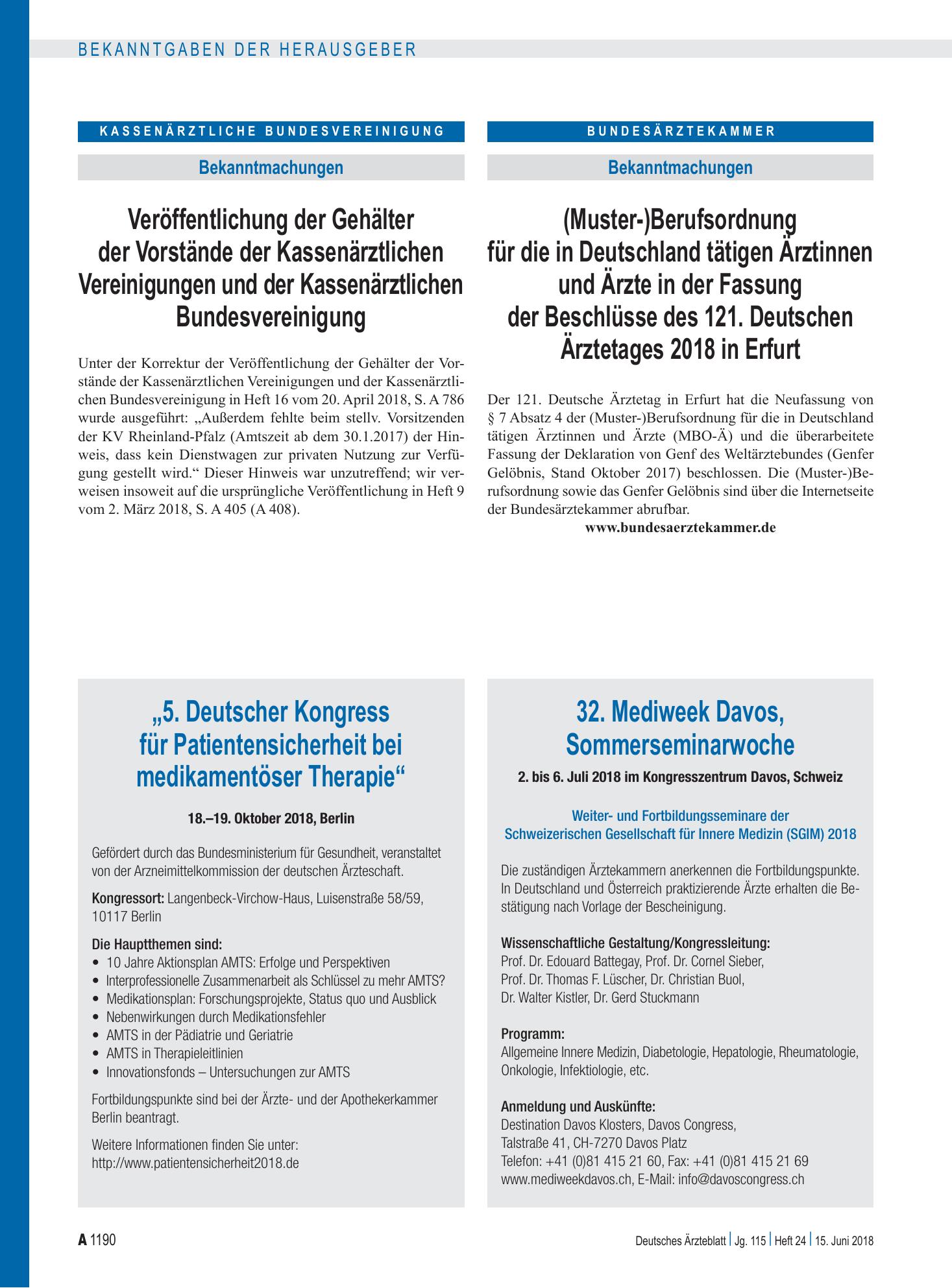 Vorschauseite 1: 32. Mediweek Davos, Sommerseminarwoche – Deutsches Ärzteblatt
