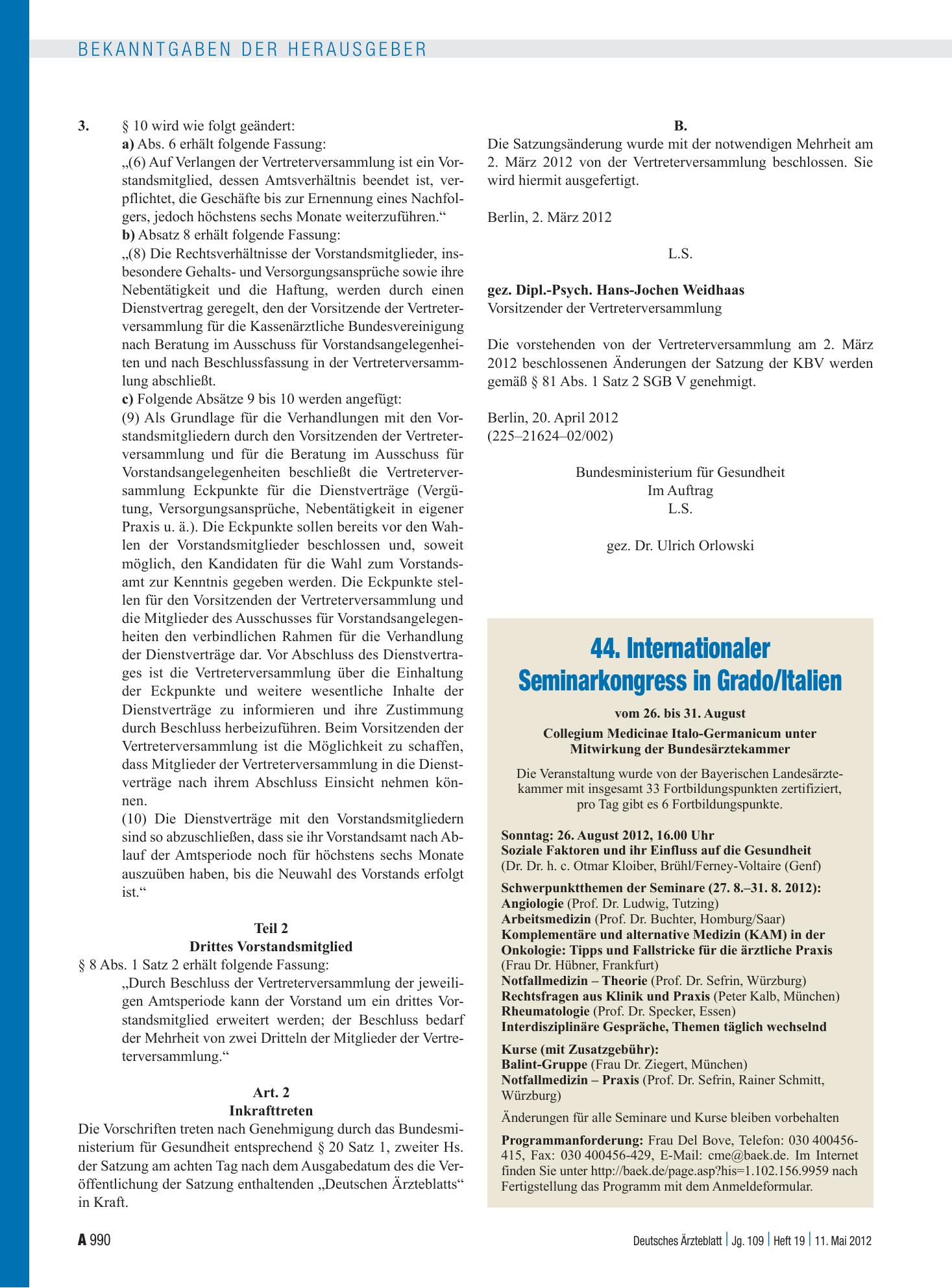 Vorschauseite 1: 44. Internationaler Seminarkongress in Grado/Italien – Deutsches Ärzteblatt