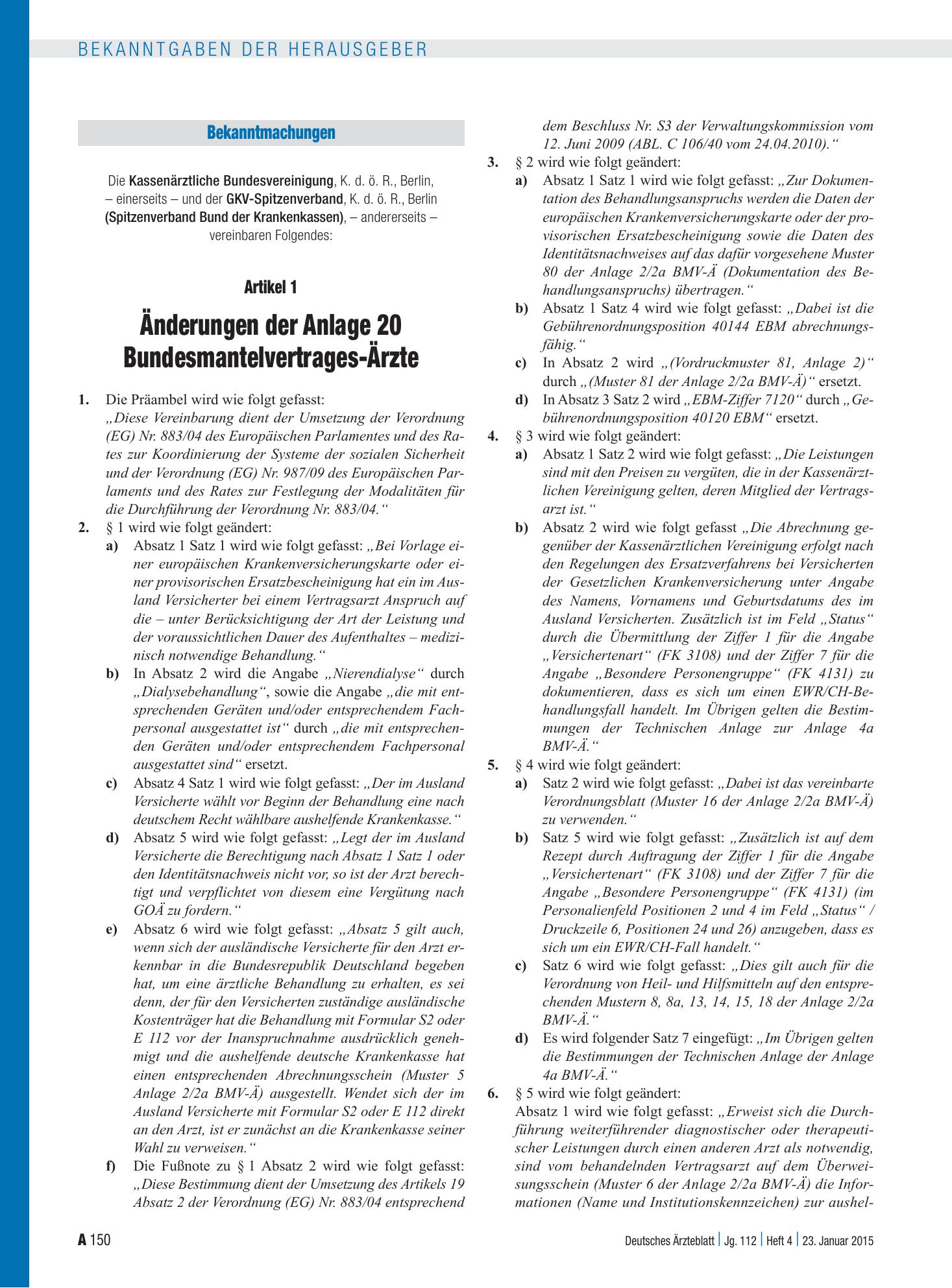 Vorschauseite 1: Änderungen der Anlage 20 Bundesmantelvertrages-Ärzte – Deutsches Ärzteblatt
