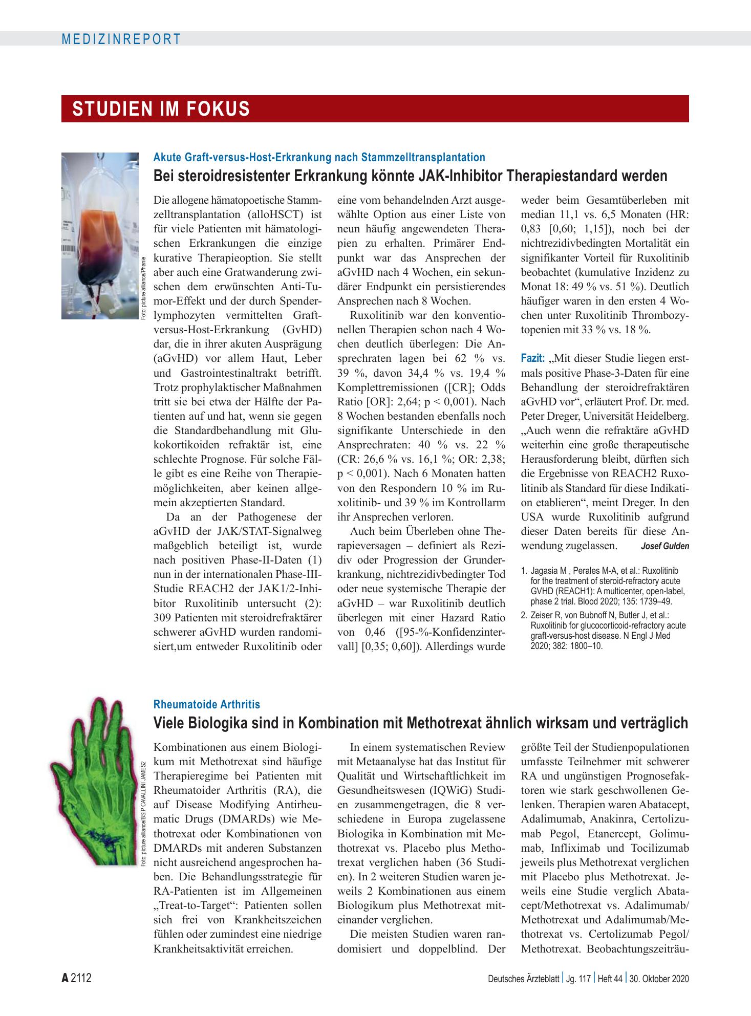 Vorschauseite 1: Rheumatoide Arthritis: Viele Biologika sind in Kombination mit Methotrexat ähnlich wirksam und verträglich – Deutsches Ärzteblatt