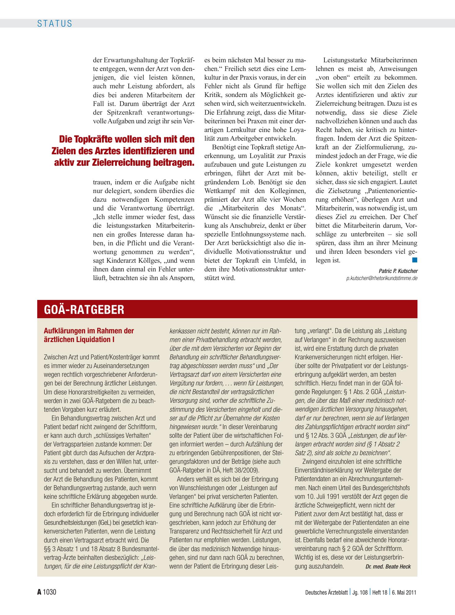 Vorschauseite 1: Aufklärungen im Rahmen der ärztlichen Liquidation I – Deutsches Ärzteblatt