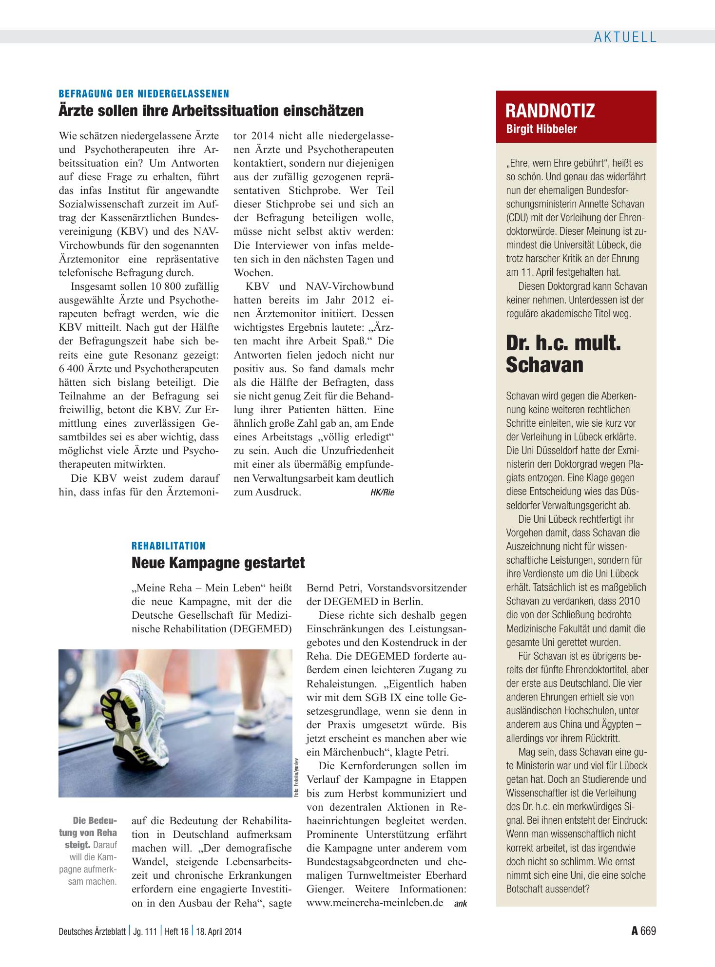Vorschauseite 1: Randnotiz: Dr. h.c. mult. Schavan – Deutsches Ärzteblatt