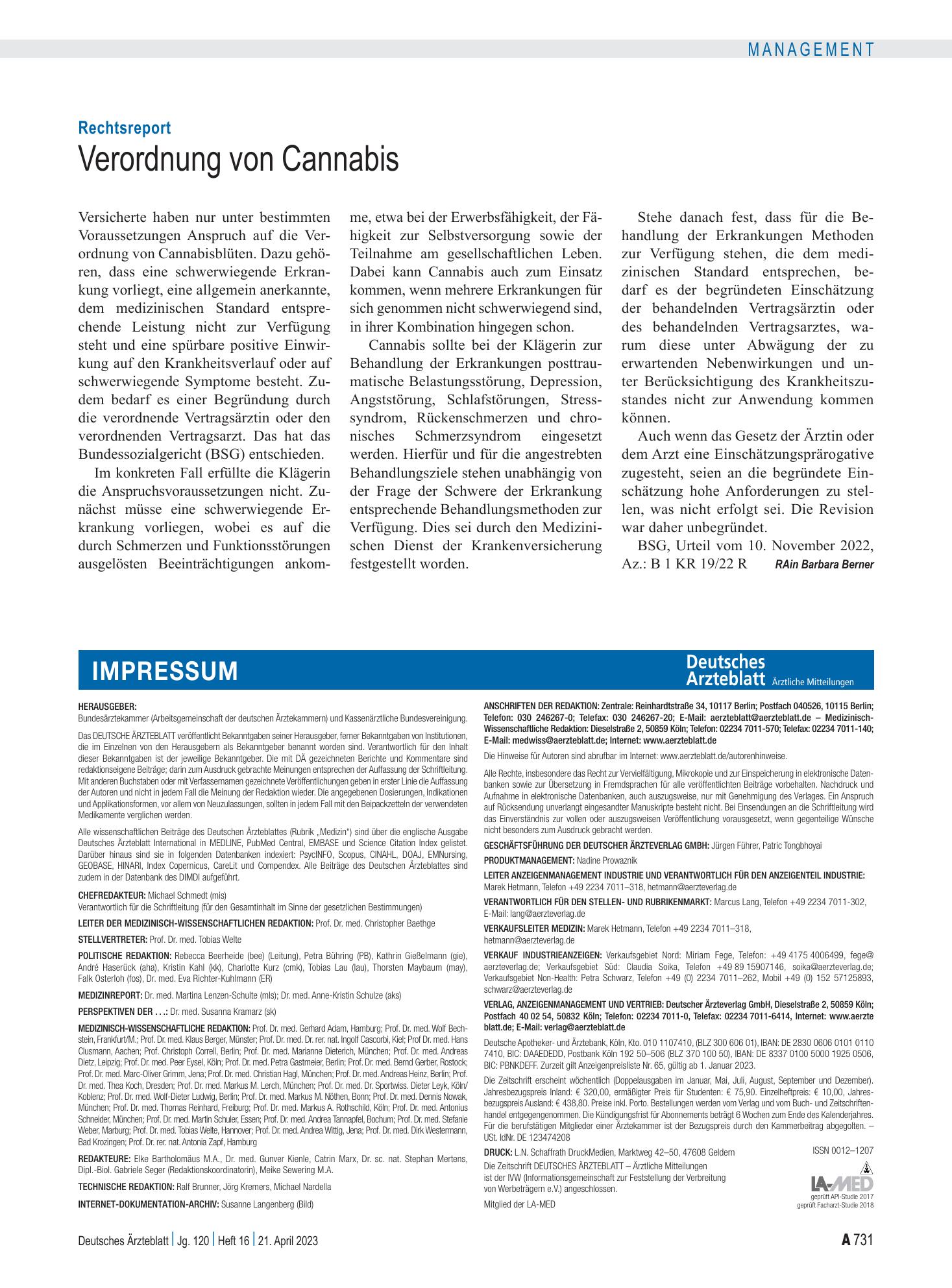 Vorschauseite 1: Rechtsreport: Verordnung von Cannabis – Deutsches Ärzteblatt