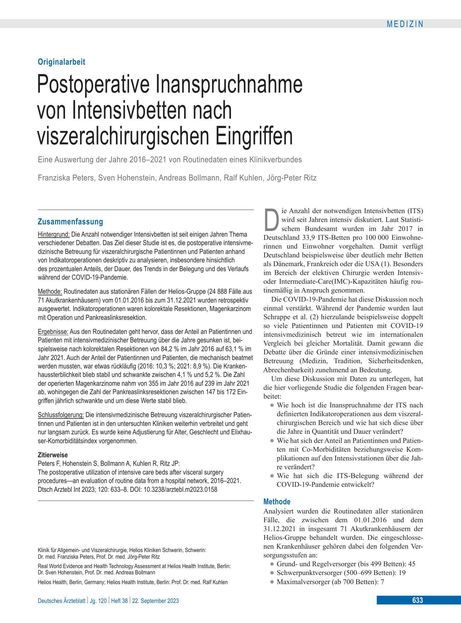 Vorschauseite 1: Postoperative Inanspruchnahme von Intensivbetten nach viszeralchirurgischen Eingriffen – Deutsches Ärzteblatt