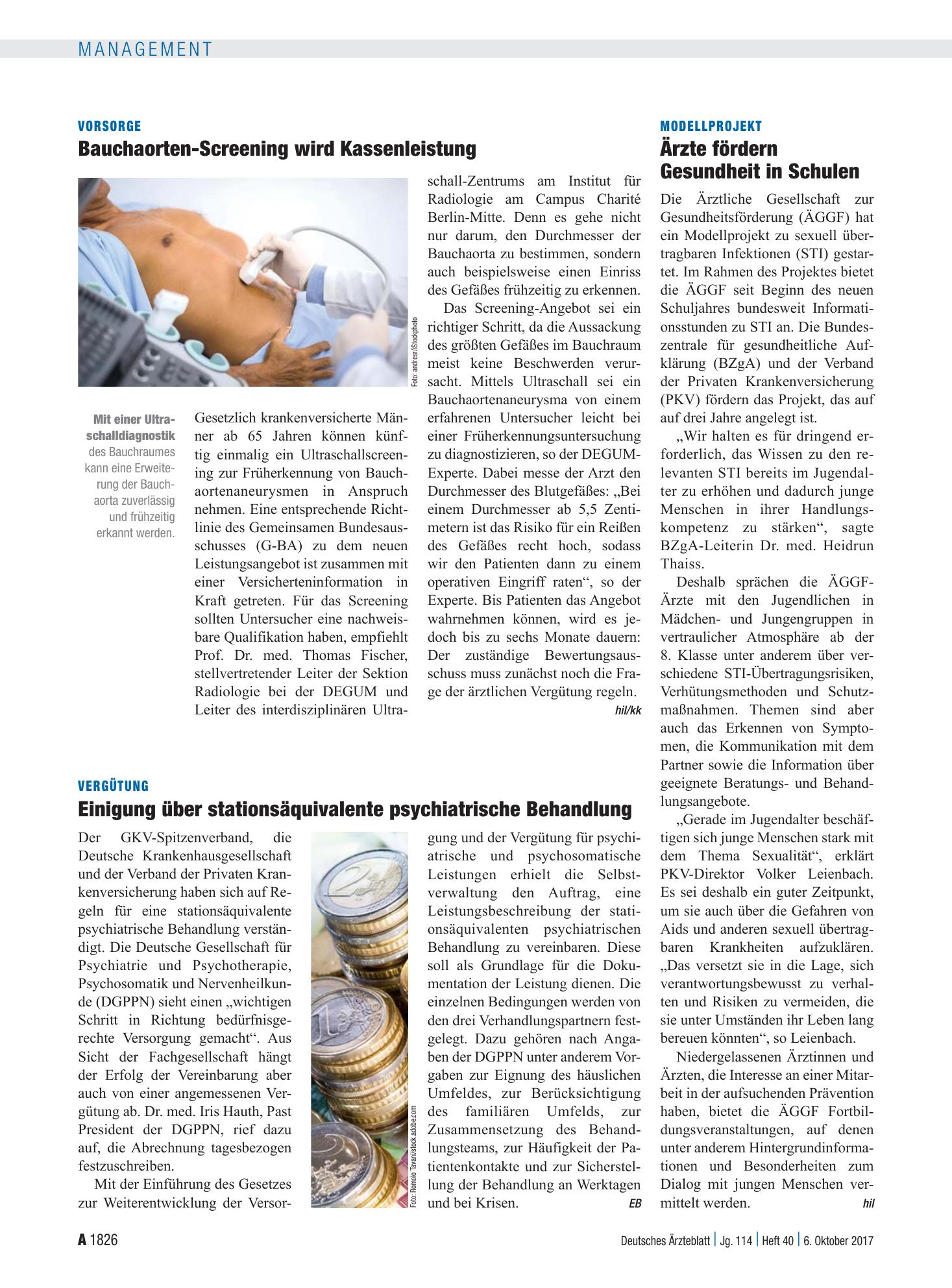 Vorschauseite 1: Vorsorge: Bauchaorten-Screening wird Kassenleistung – Deutsches Ärzteblatt