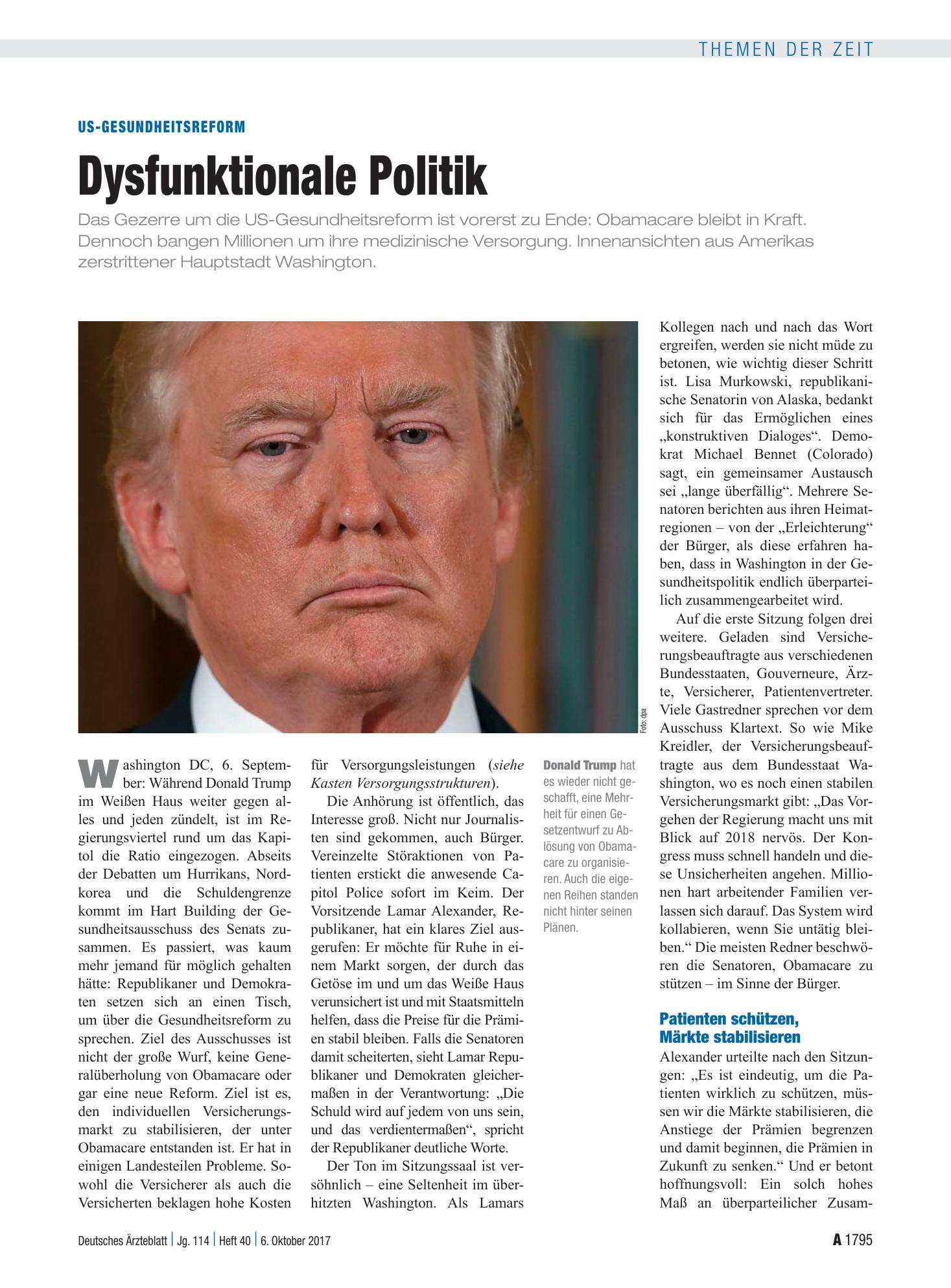 Vorschauseite 1: US-Gesundheitsreform: Dysfunktionale Politik – Deutsches Ärzteblatt