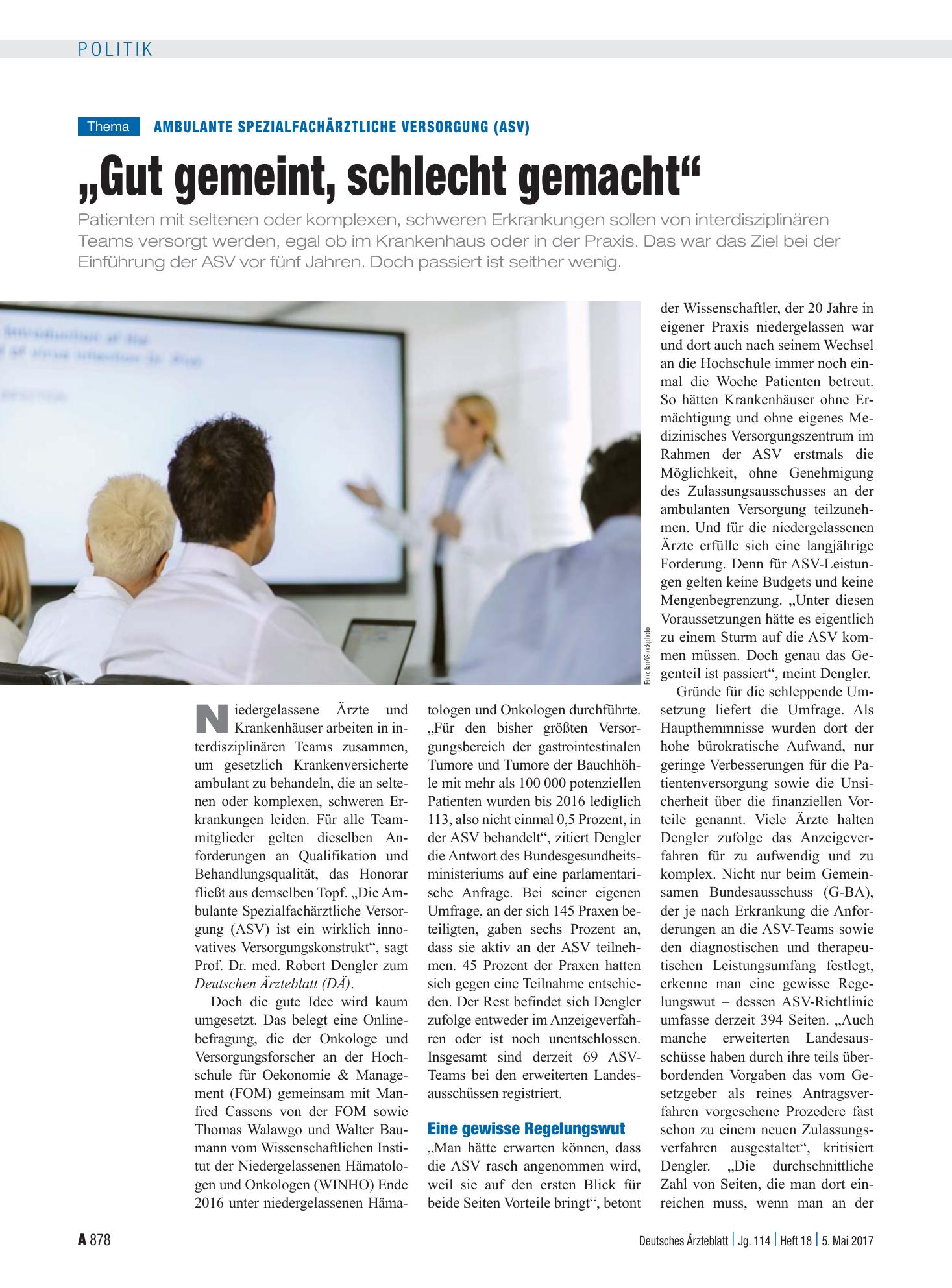 Vorschauseite 1: Ambulante Spezialfachärztliche Versorgung (ASV): „Gut gemeint, schlecht gemacht“ – Deutsches Ärzteblatt