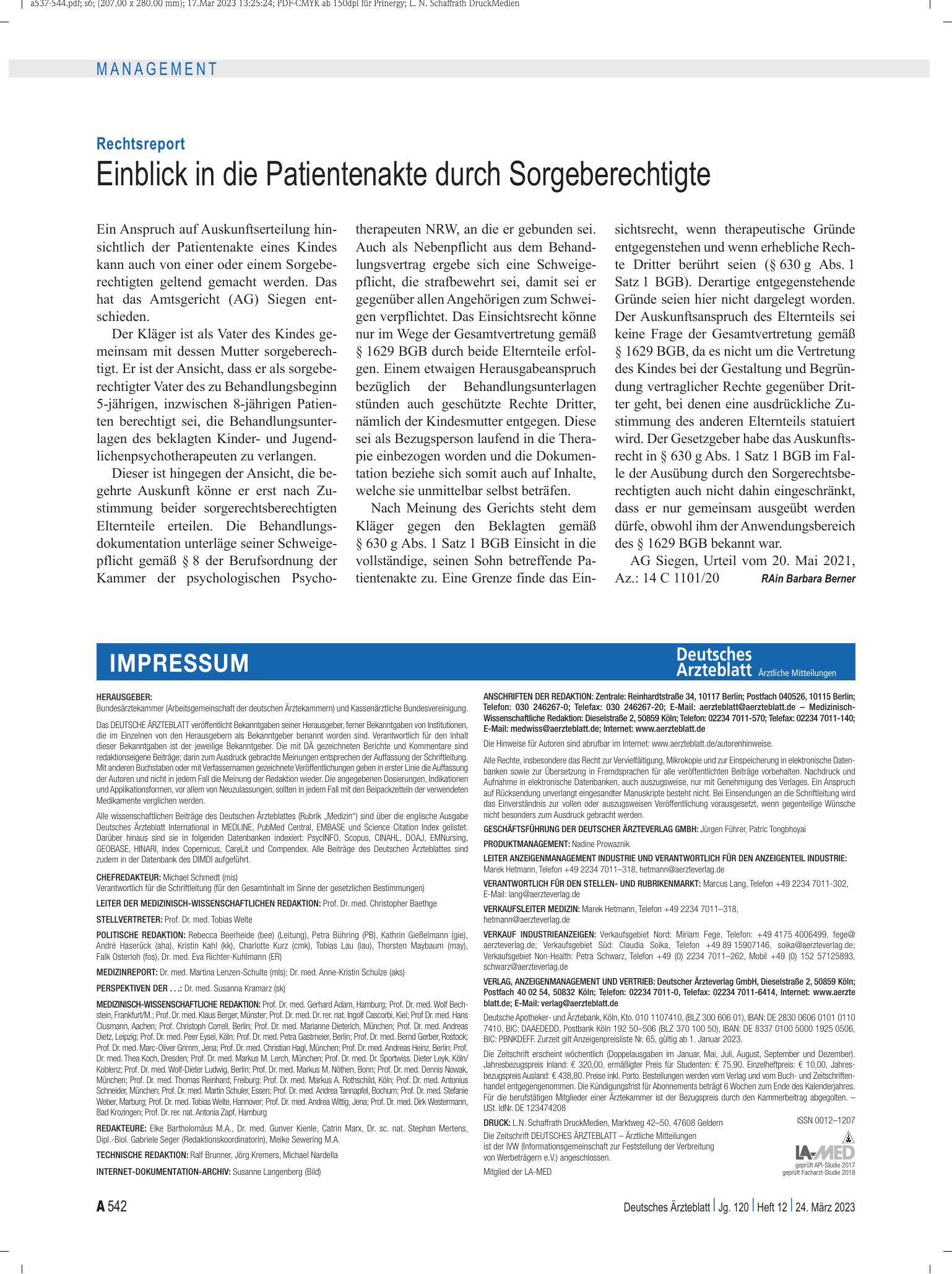 Vorschauseite 1: Rechtsreport: Einblick in die Patientenakte durch Sorgeberechtigte – Deutsches Ärzteblatt
