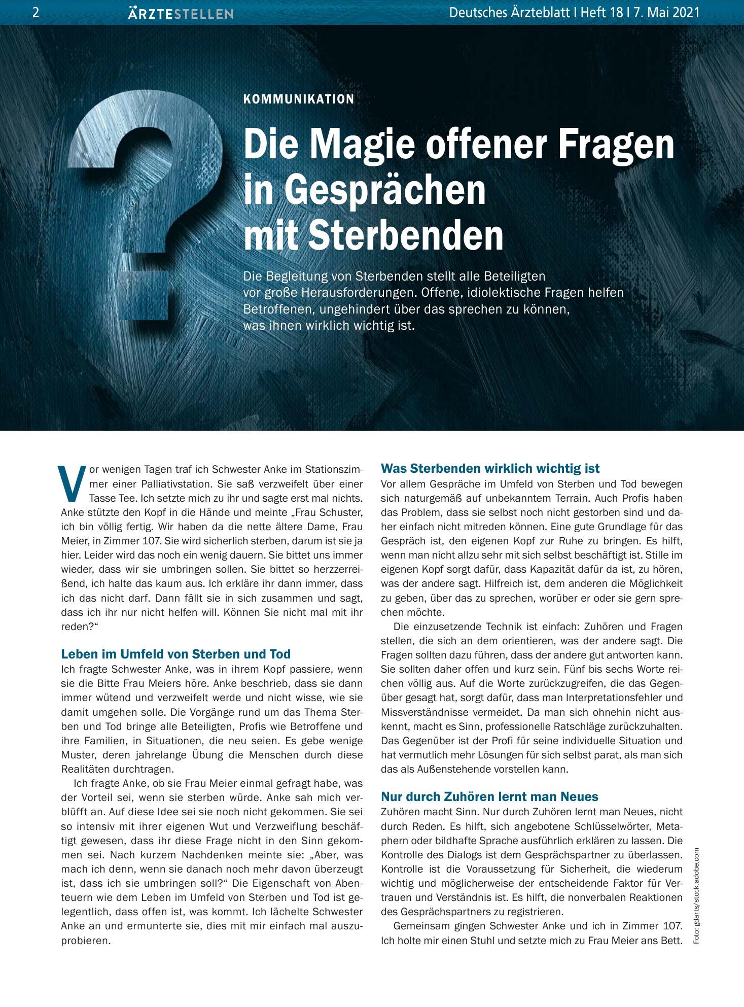 Vorschauseite 1: Kommunikation: Die Magie offener Fragen in Gesprächen mit Sterbenden – Deutsches Ärzteblatt