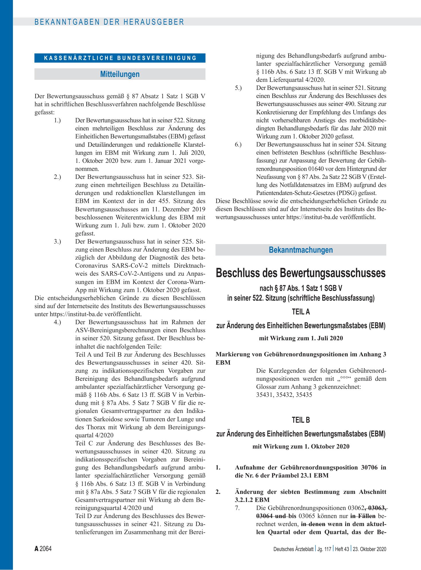Vorschauseite 1: Beschluss des Bewertungsausschusses nach § 87 Abs. 1 Satz 1 SGB V in seiner 522. Sitzung (schriftliche Beschlussfassung) – Deutsches Ärzteblatt