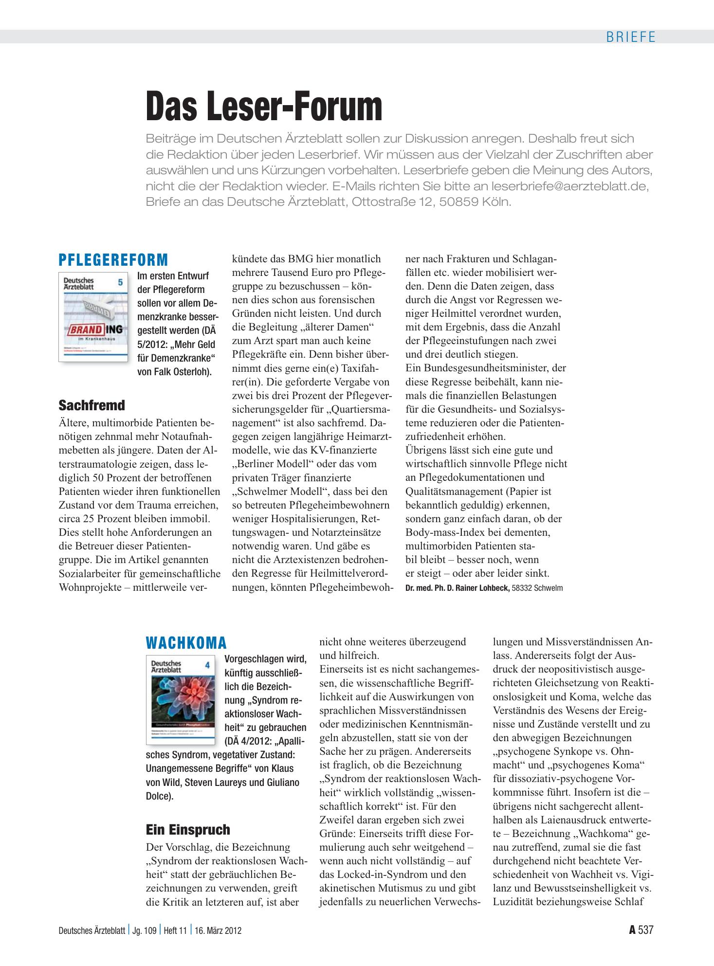 Vorschauseite 1: Wachkoma: Ein Einspruch – Deutsches Ärzteblatt
