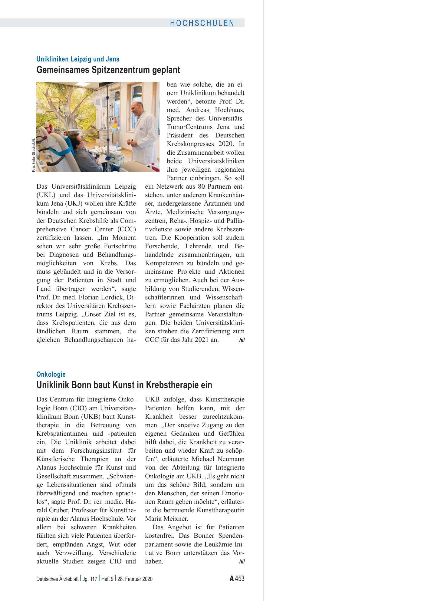 Vorschauseite 1: Unikliniken Leipzig und Jena: Gemeinsames Spitzenzentrum geplant – Deutsches Ärzteblatt