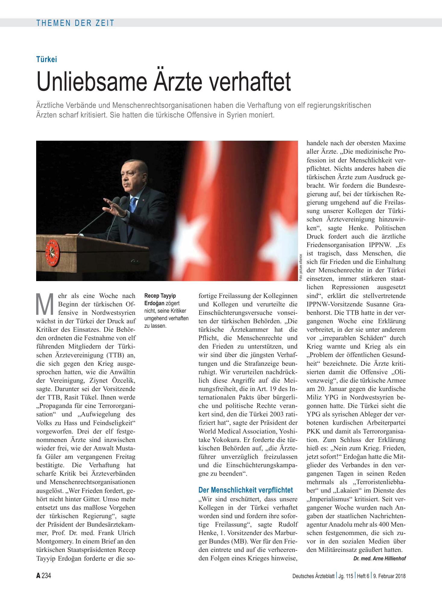 Vorschauseite 1: Türkei: Unliebsame Ärzte verhaftet – Deutsches Ärzteblatt