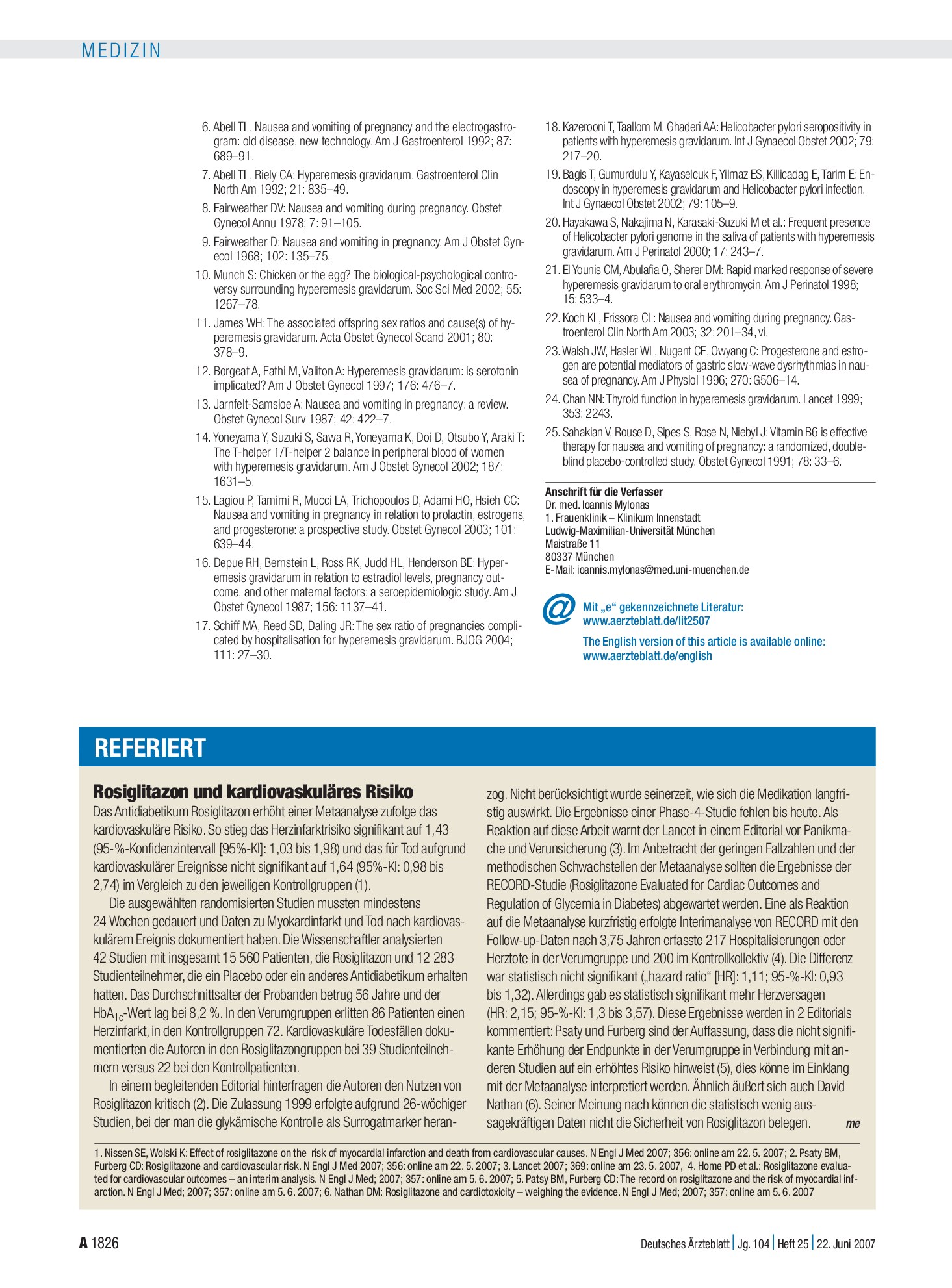 Vorschauseite 1: Rosiglitazon und kardiovaskuläres Risiko – Deutsches Ärzteblatt