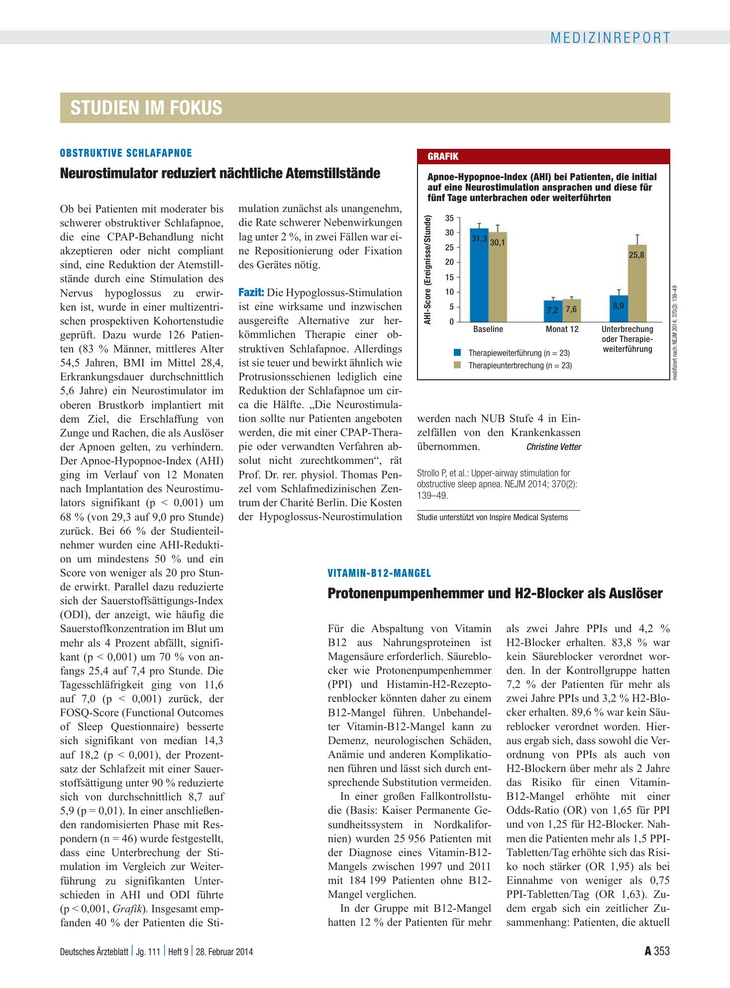 Vorschauseite 1: Obstruktive Schlafapnoe: Neurostimulator reduziert nächtliche Atemstillstände – Deutsches Ärzteblatt