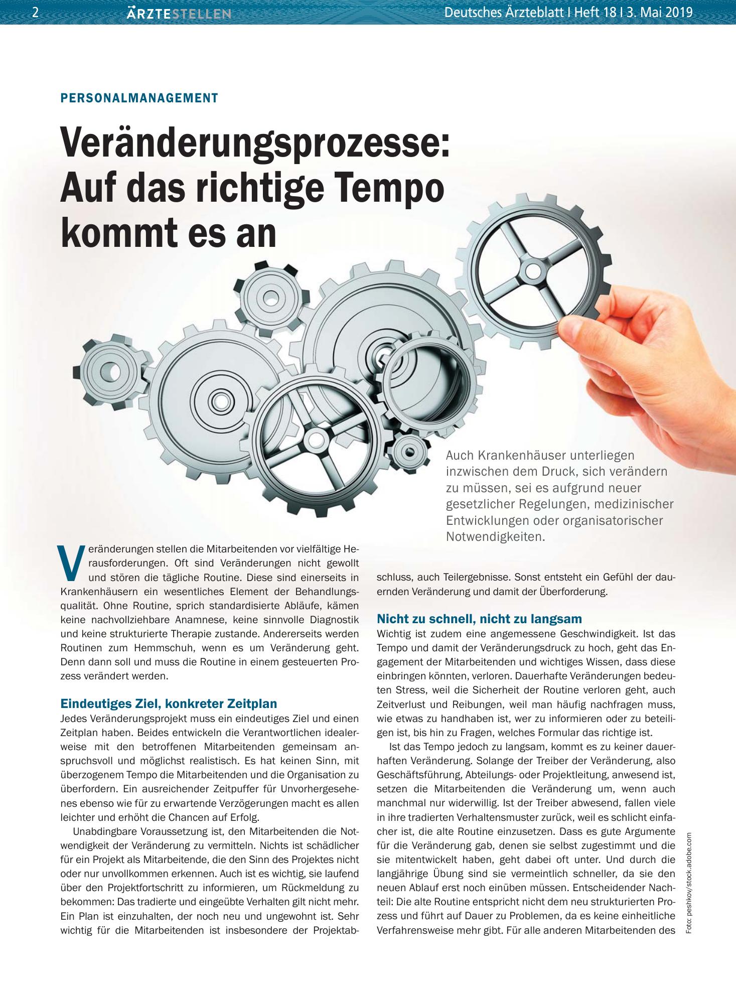 Vorschauseite 1: Personalmanagement: Veränderungsprozesse – Auf das richtige Tempo kommt es an – Deutsches Ärzteblatt