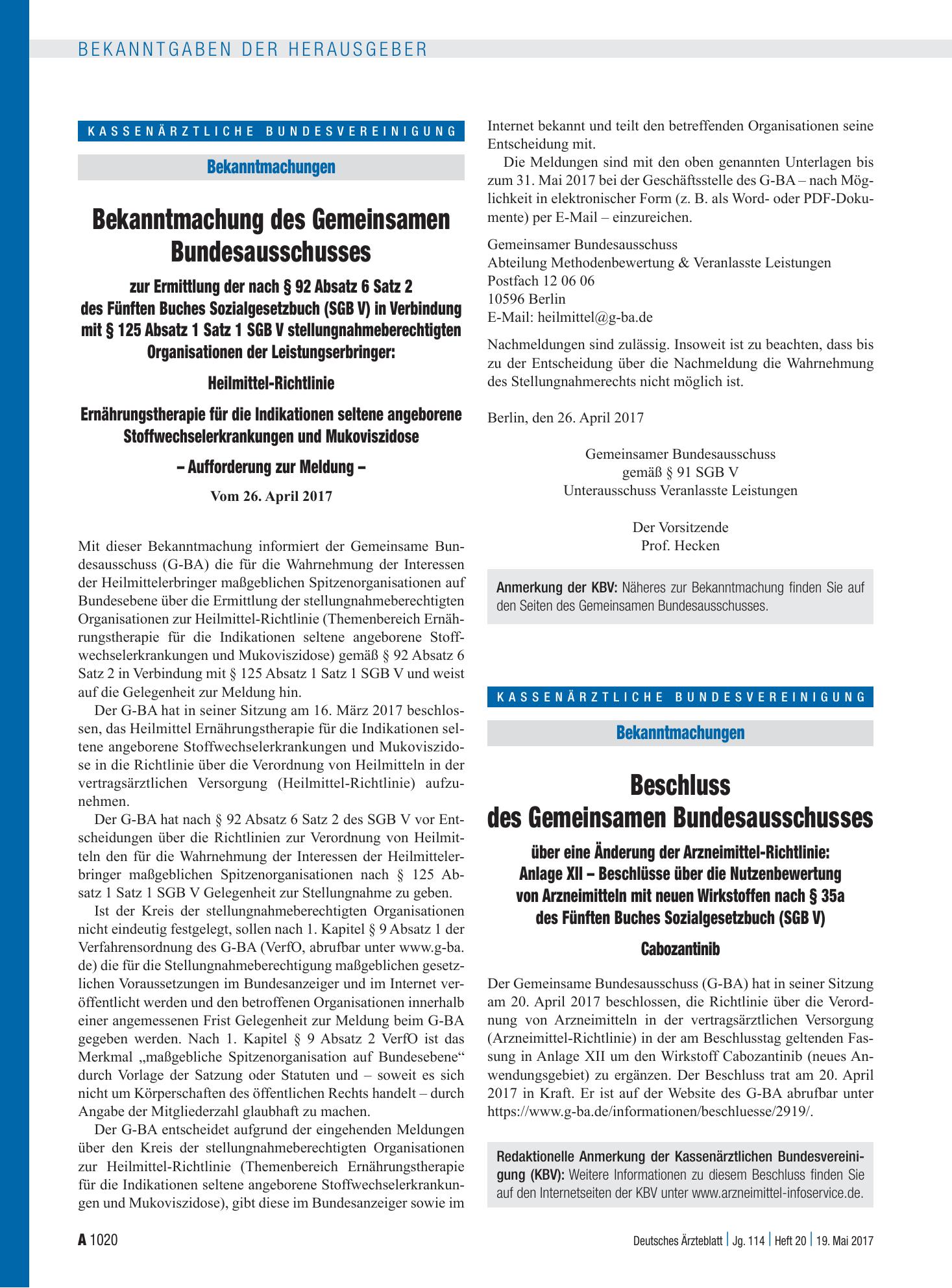 Vorschauseite 1: Beschluss des Gemeinsamen Bundesausschusses über eine Änderung der Arzneimittel-Richtlinie: Anlage XII – Cabozantinib – Deutsches Ärzteblatt