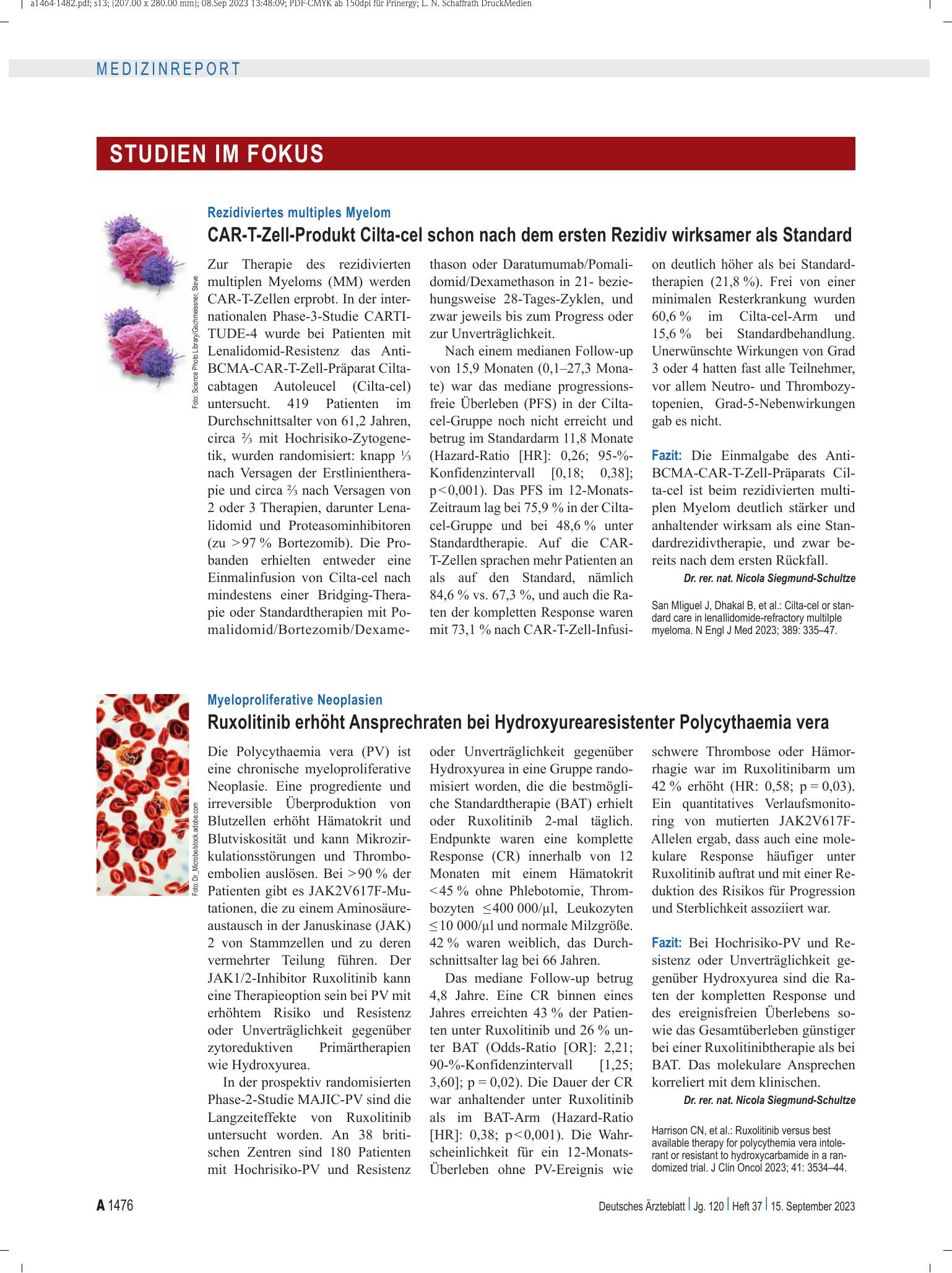 Vorschauseite 1: Myeloproliferative Neoplasien: Ruxolitinib erhöht Ansprechraten bei Hydroxyurearesistenter Polycythaemia vera – Deutsches Ärzteblatt