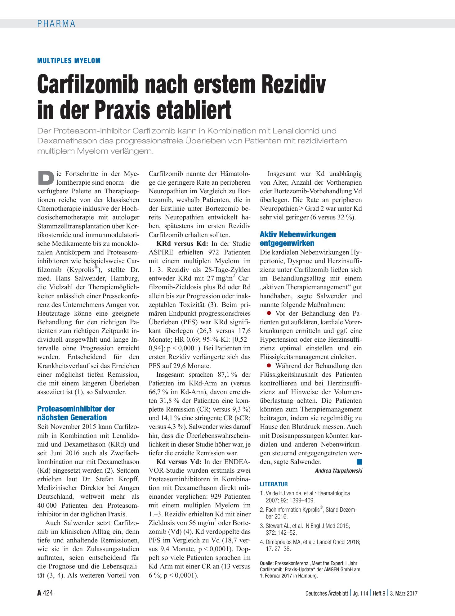 Vorschauseite 1: Multiples Myelom: Carfilzomib nach erstem Rezidiv in der Praxis etabliert – Deutsches Ärzteblatt