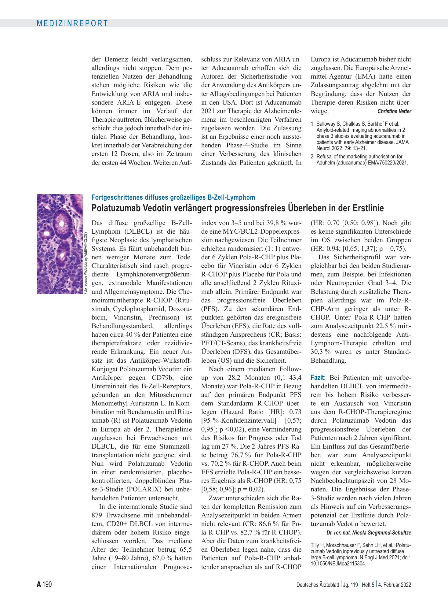 Vorschauseite 1: Fortgeschrittenes diffuses großzelliges B-Zell-Lymphom: Polatuzumab Vedotin verlängert progressionsfreies Überleben in der Erstlinie – Deutsches Ärzteblatt
