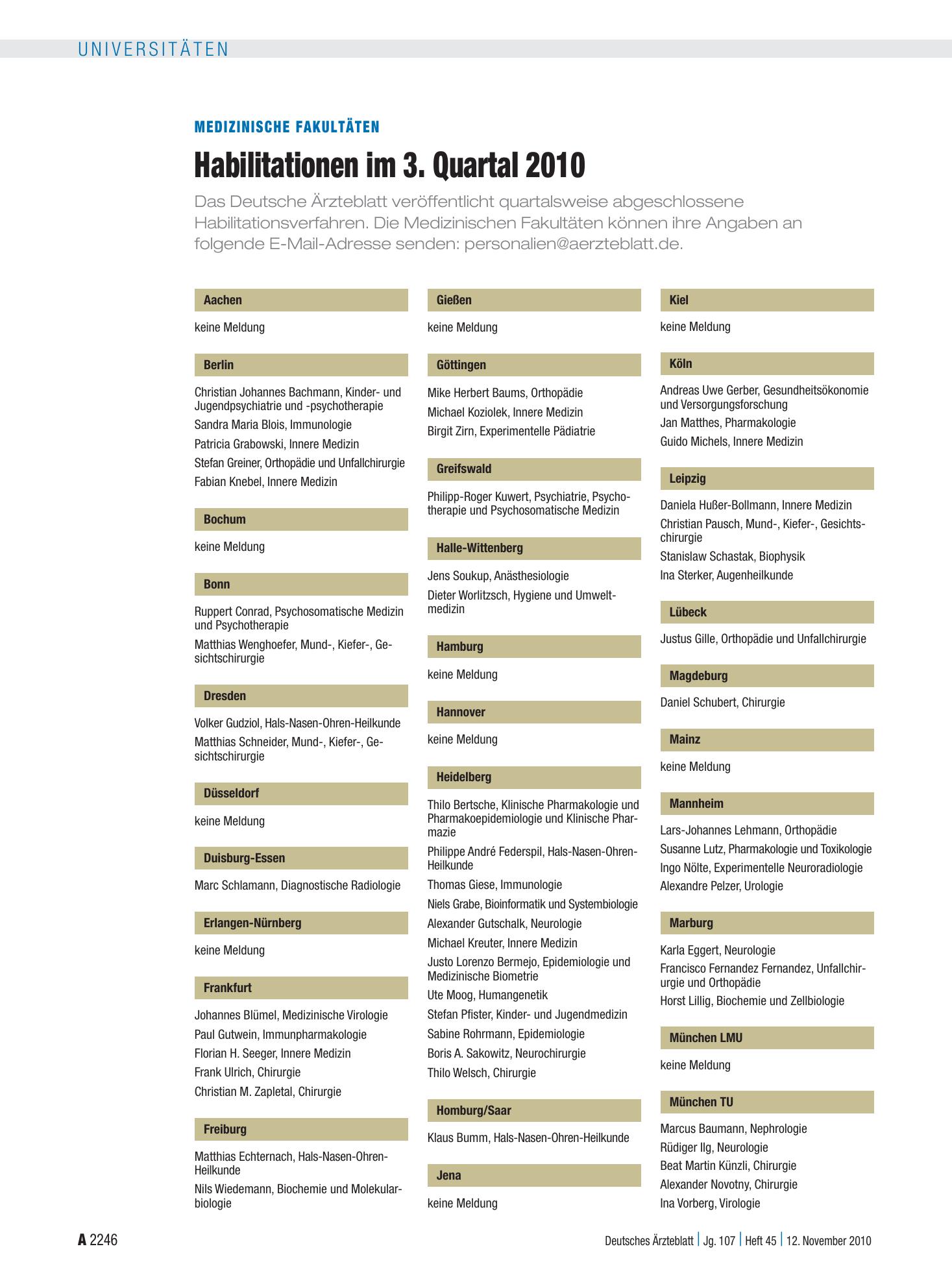 Vorschauseite 1: Medizinische Fakultäten: Habilitationen im 3. Quartal 2010 – Deutsches Ärzteblatt
