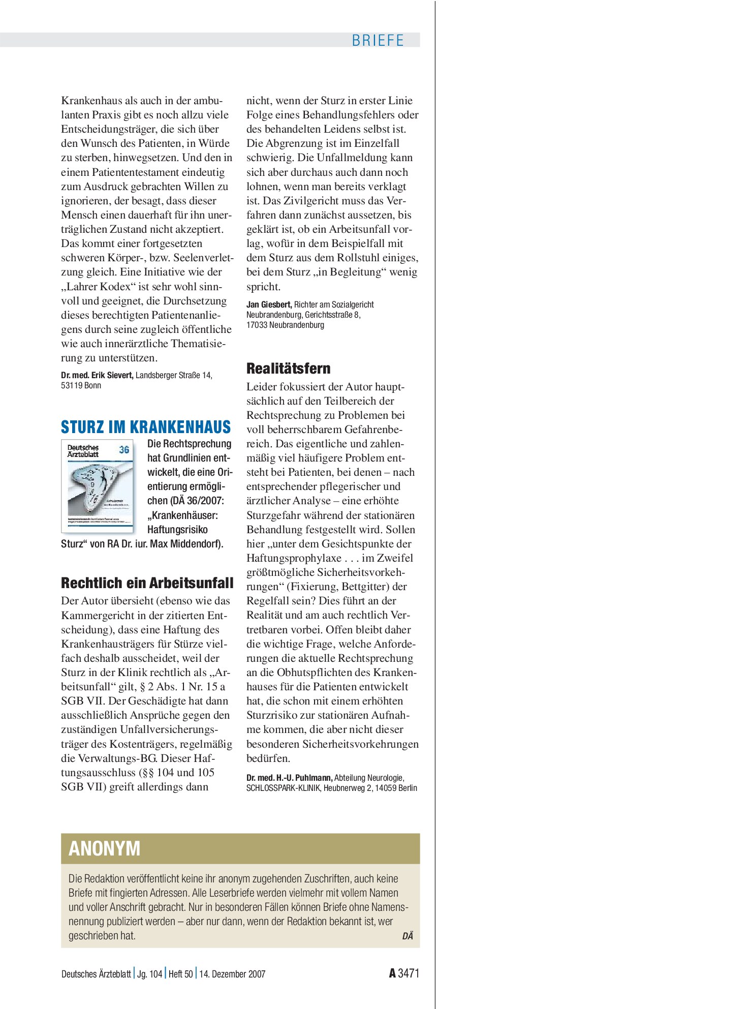 Vorschauseite 1: Sturz im Krankenhaus: Realitätsfern – Deutsches Ärzteblatt