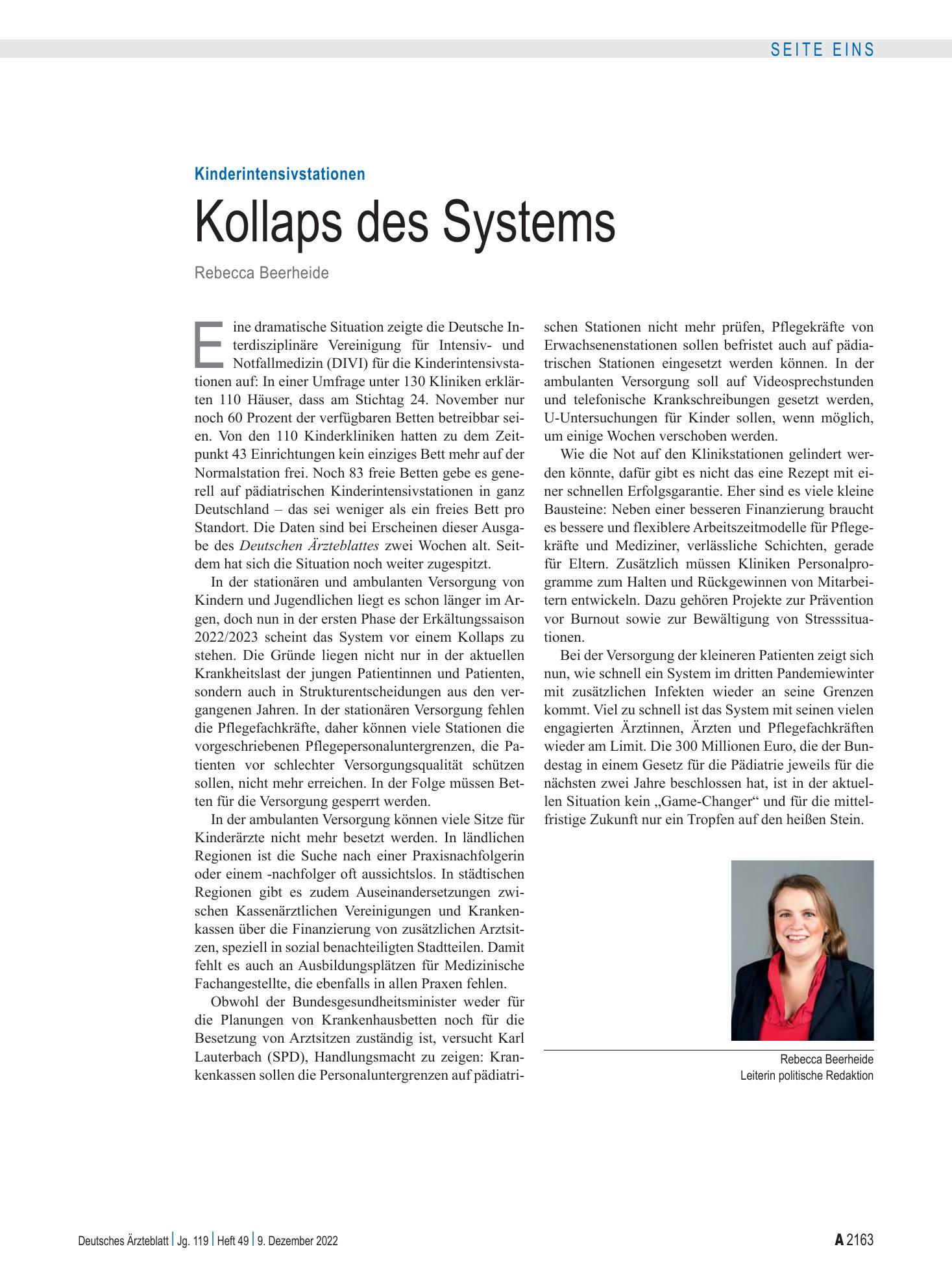 Vorschauseite 1: Kinderintensivstationen: Kollaps des Systems – Deutsches Ärzteblatt