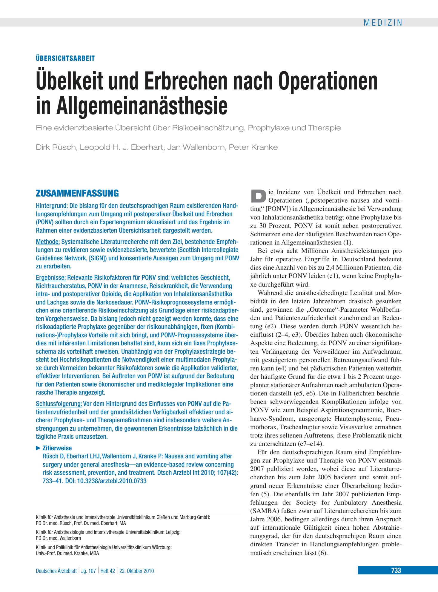Vorschauseite 1: Übelkeit und Erbrechen nach Operationen in Allgemeinanästhesie – Deutsches Ärzteblatt