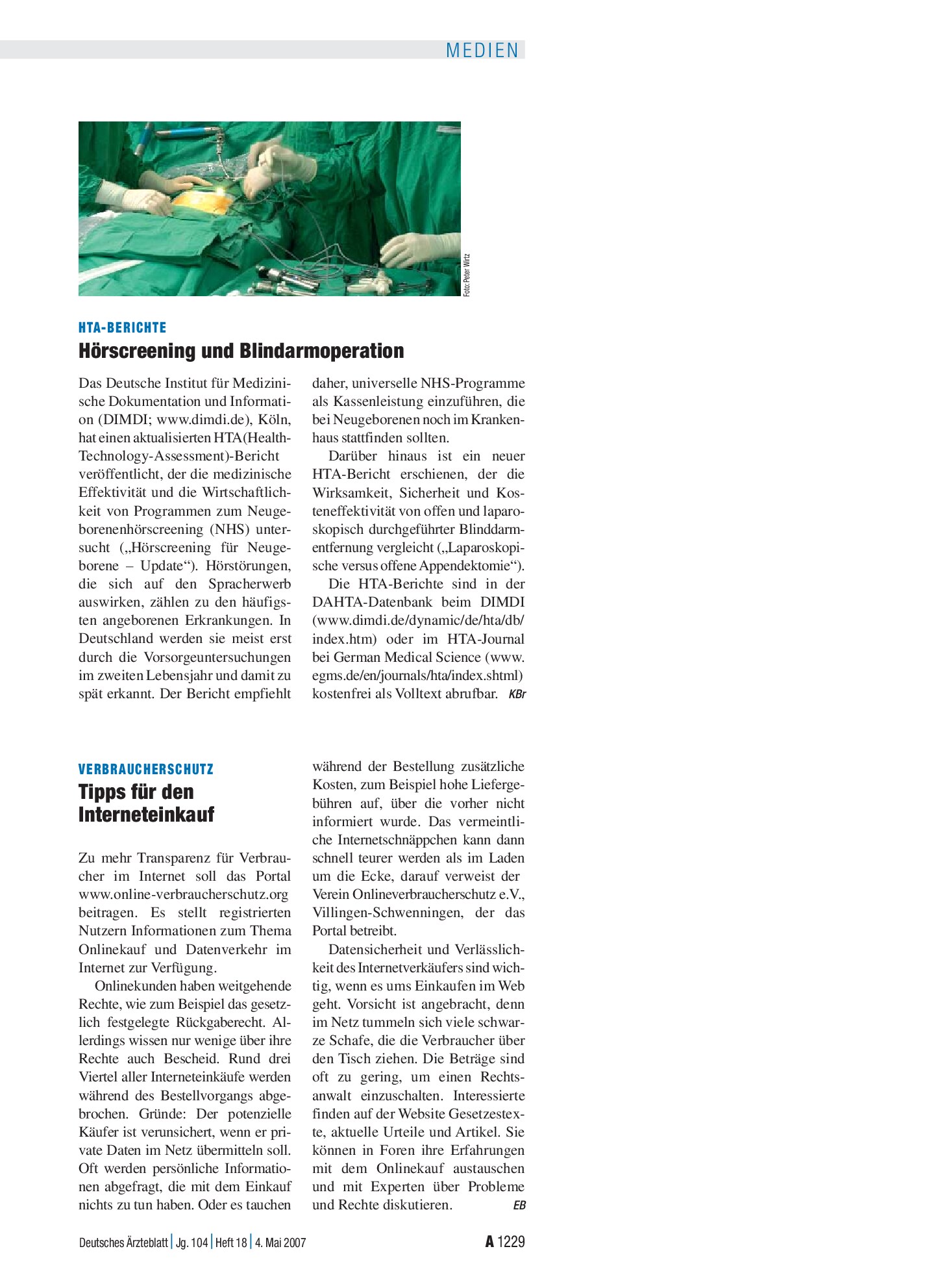 Vorschauseite 1: HTA-Berichte: Hörscreening und Blindarmoperation – Deutsches Ärzteblatt