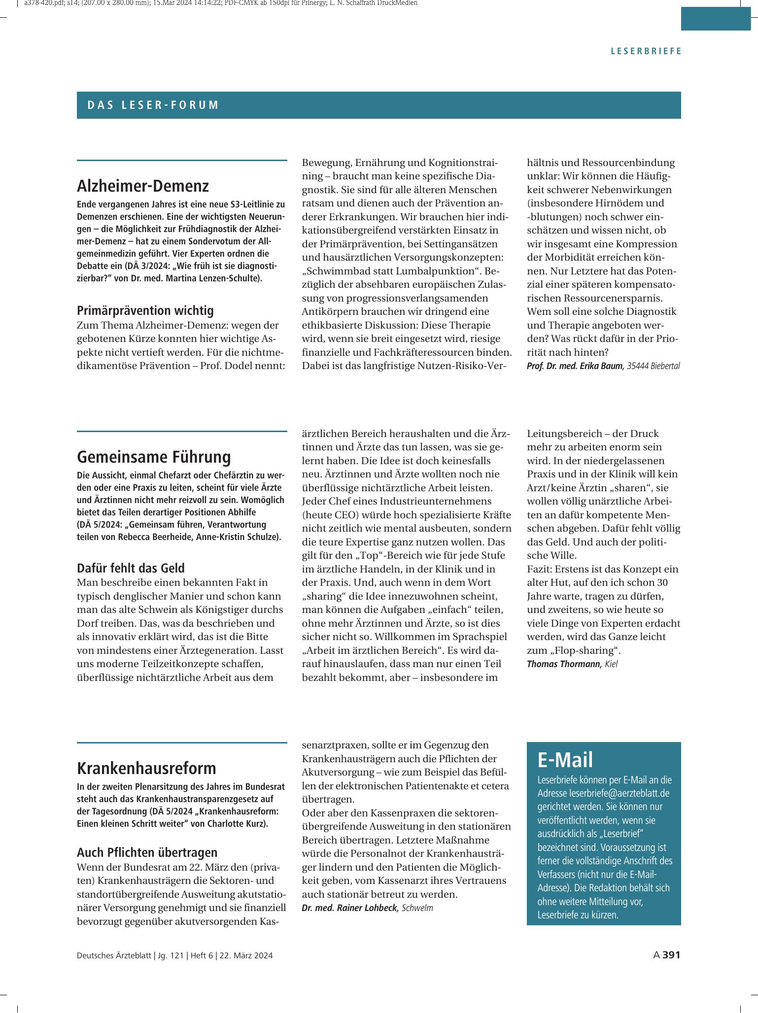 Vorschauseite 1: Krankenhausreform: Auch Pflichten übertragen – Deutsches Ärzteblatt