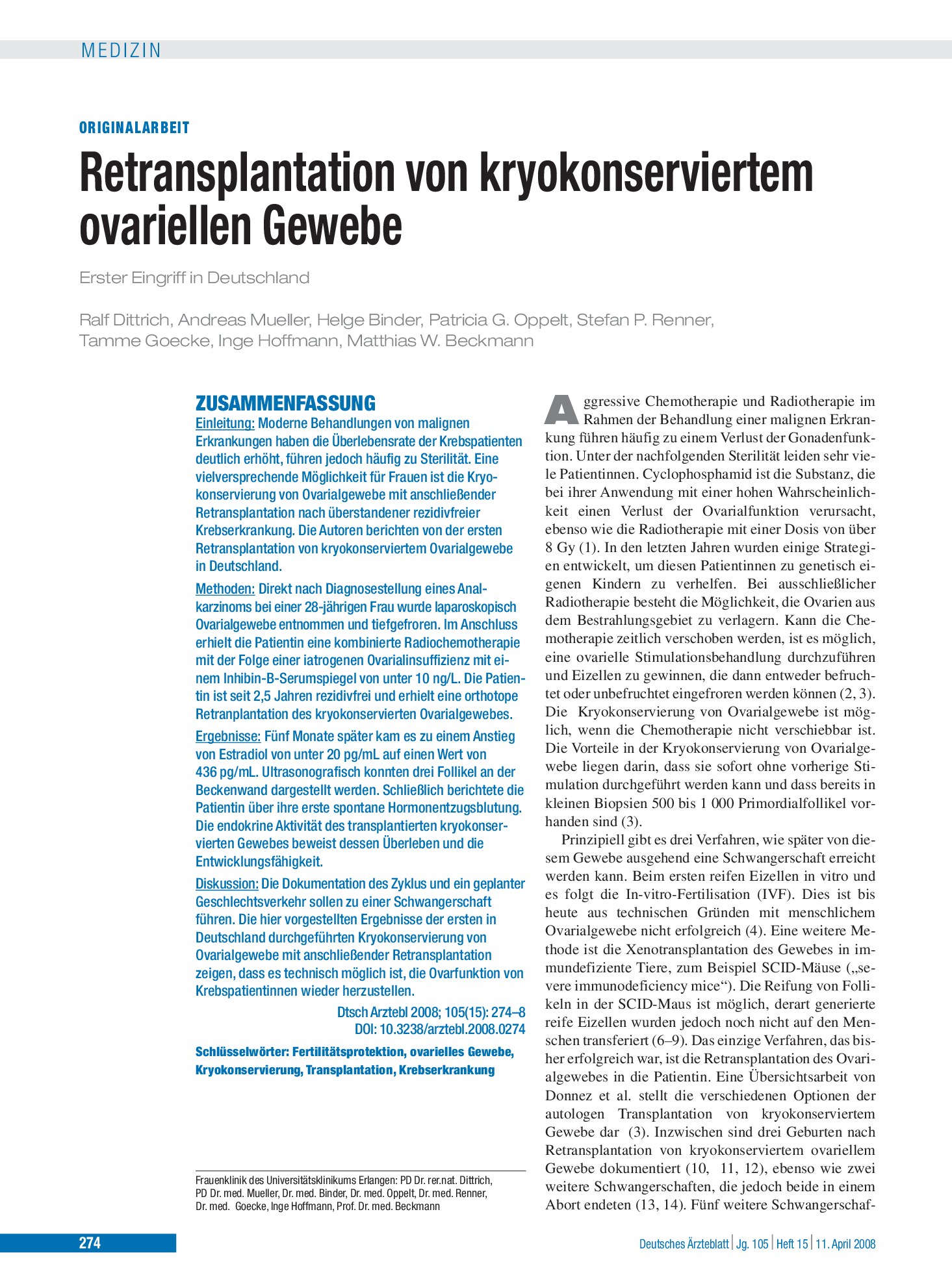 Vorschauseite 1: Retransplantation von kryokonserviertem ovariellen Gewebe – Deutsches Ärzteblatt