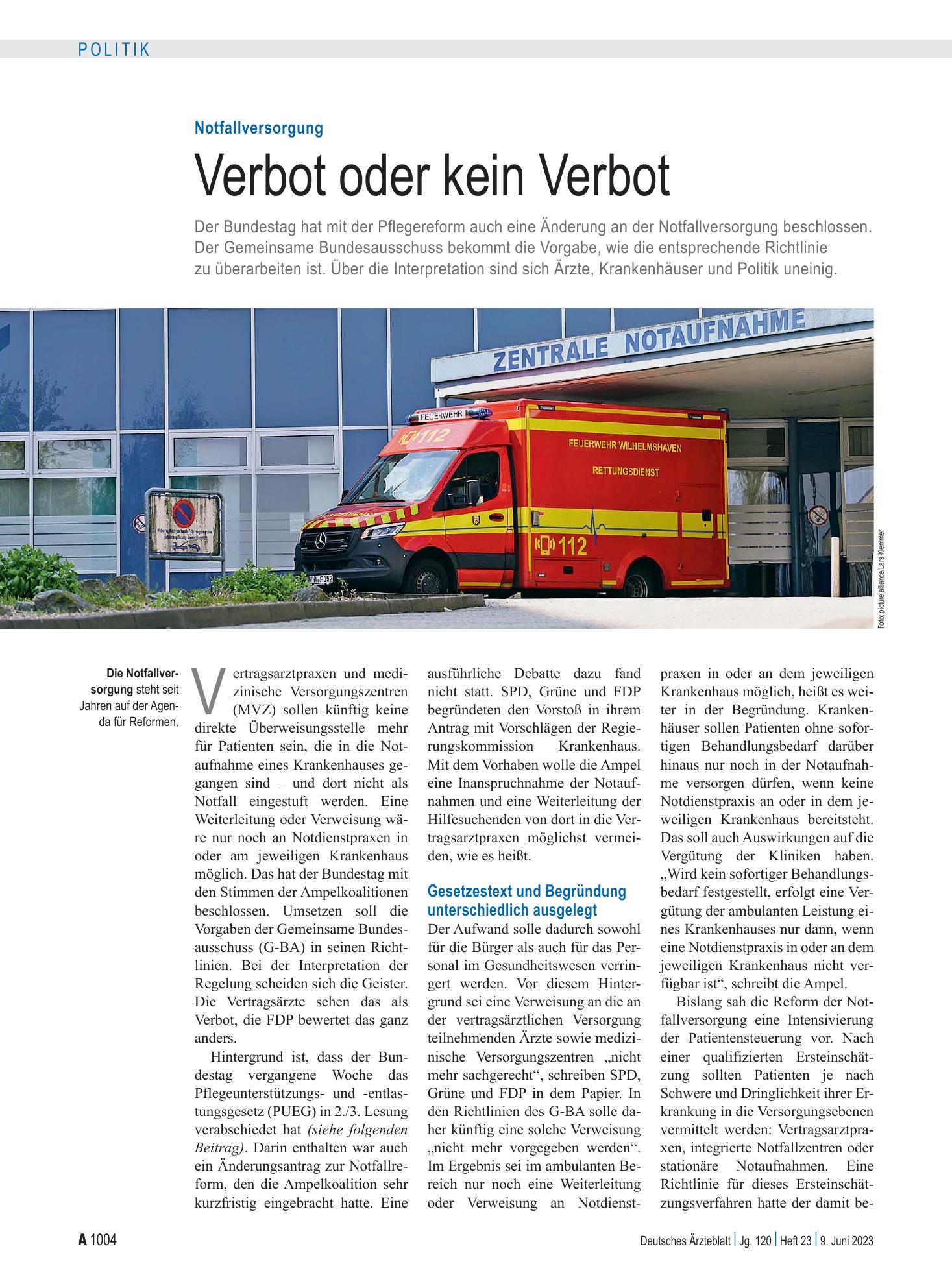Vorschauseite 1: Notfallversorgung: Verbot oder kein Verbot – Deutsches Ärzteblatt