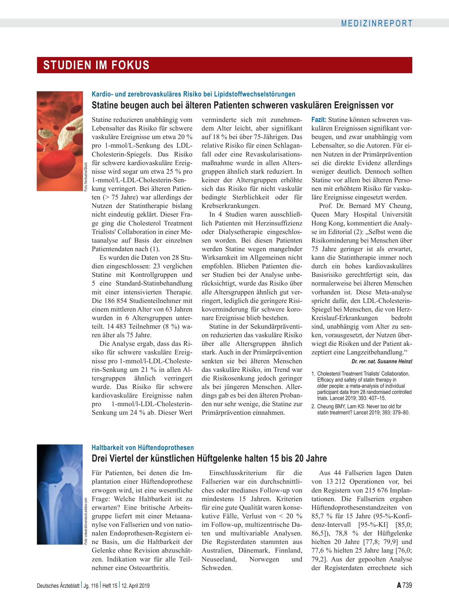Vorschauseite 1: Haltbarkeit von Hüftendoprothesen: Drei Viertel der künstlichen Hüftgelenke halten 15 bis 20 Jahre – Deutsches Ärzteblatt