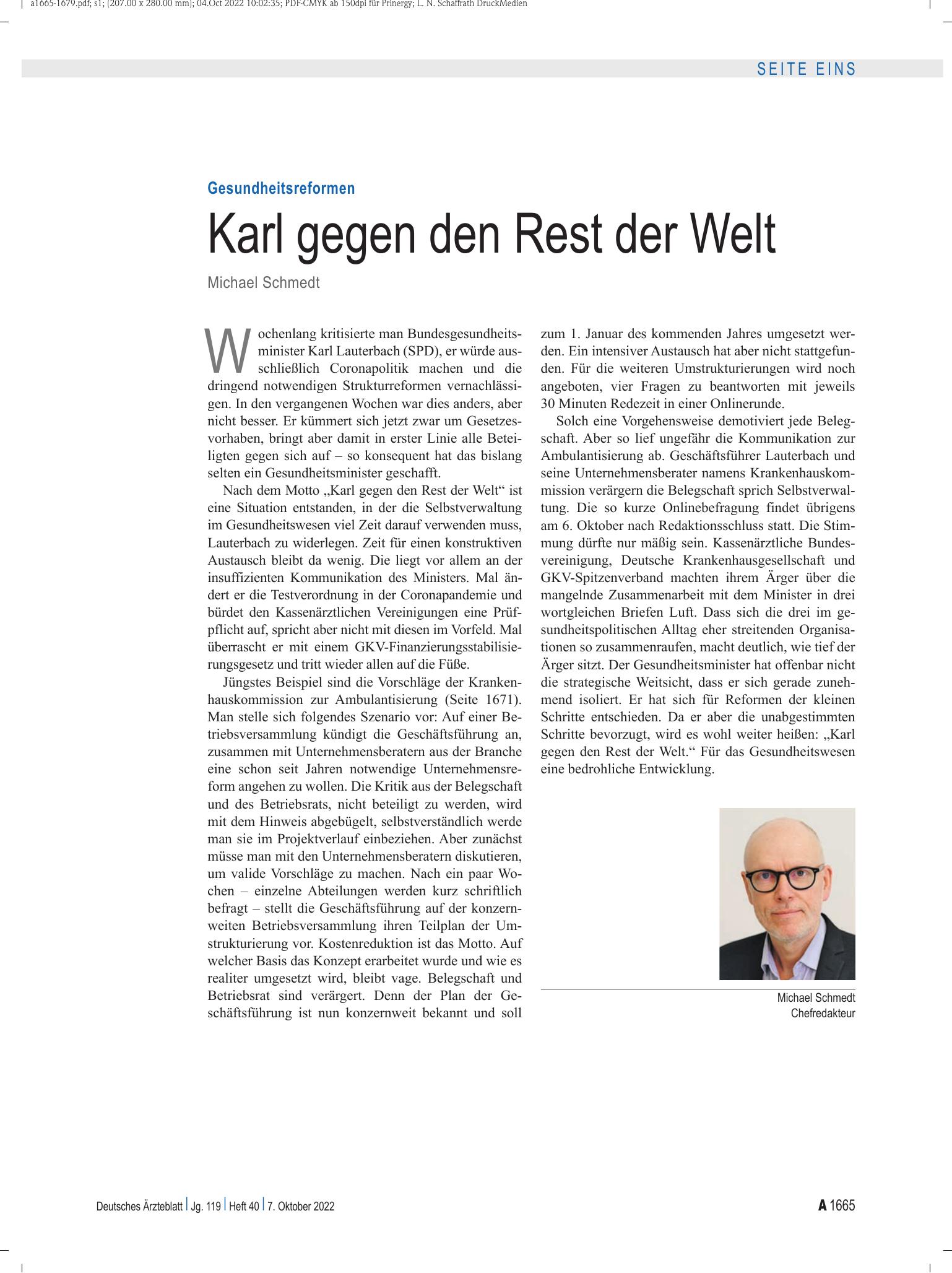 Vorschauseite 1: Gesundheitsreformen: Karl gegen den Rest der Welt – Deutsches Ärzteblatt