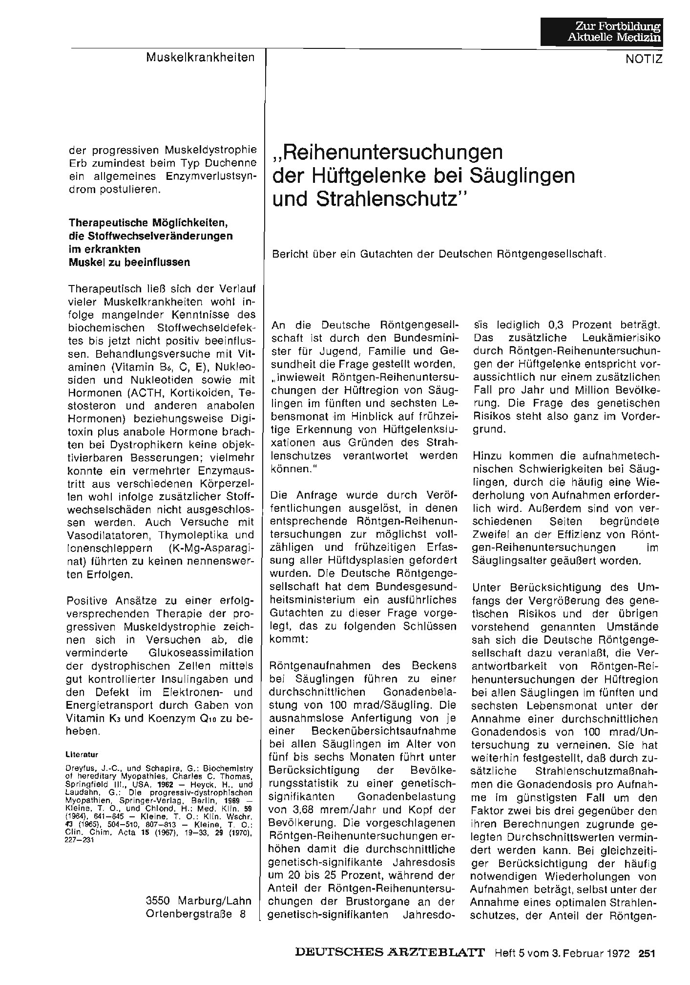 Vorschauseite 1: „Reihenuntersuchungen der Hüftgelenke bei Säuglingen und Strahlenschutz" : Bericht über ein Gutachten der Deutschen Röntgengesellschaft