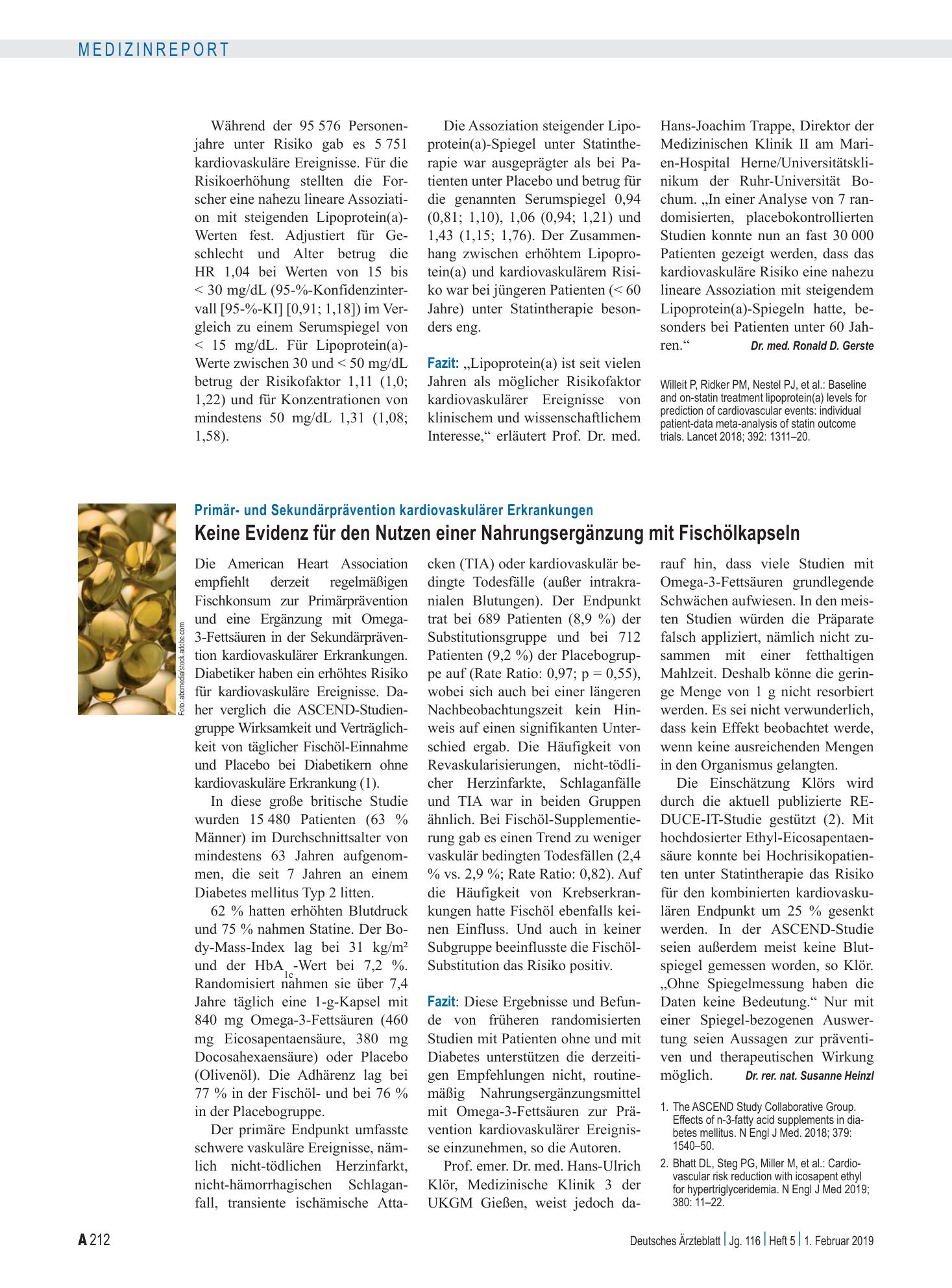 Vorschauseite 1: Primär- und Sekundärprävention kardiovaskulärer Erkrankungen: Keine Evidenz für den Nutzen einer Nahrungsergänzung mit Fischölkapseln – Deutsches Ärzteblatt