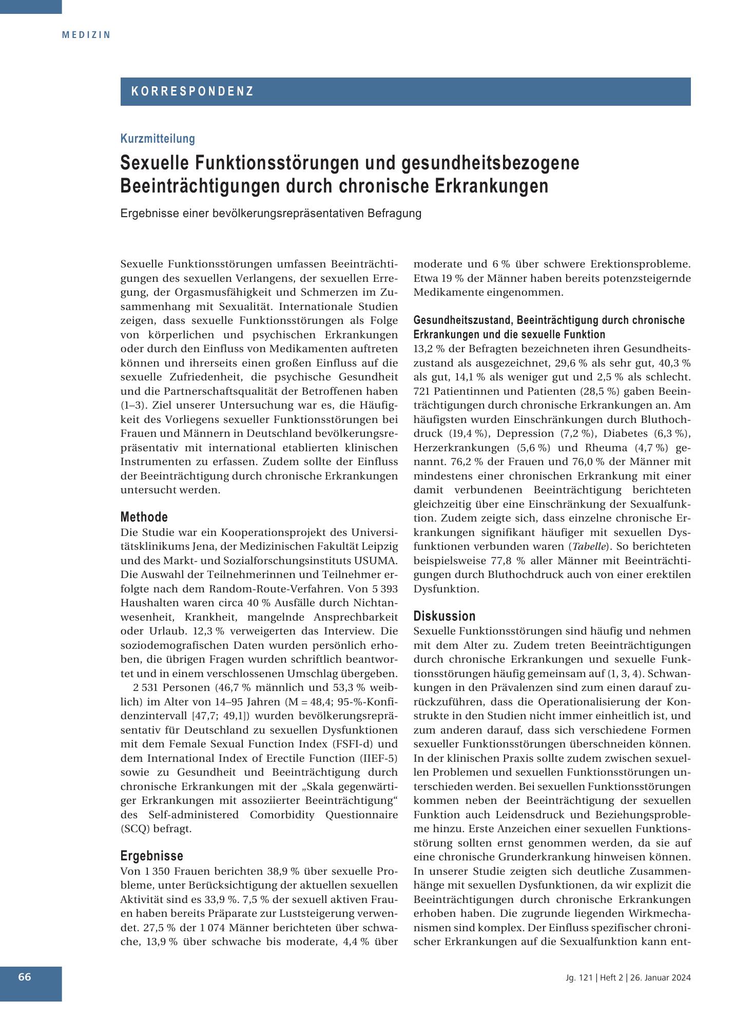 Vorschauseite 1: Sexuelle Funktionsstörungen und gesundheitsbezogene Beeinträchtigungen durch chronische Erkrankungen – Deutsches Ärzteblatt
