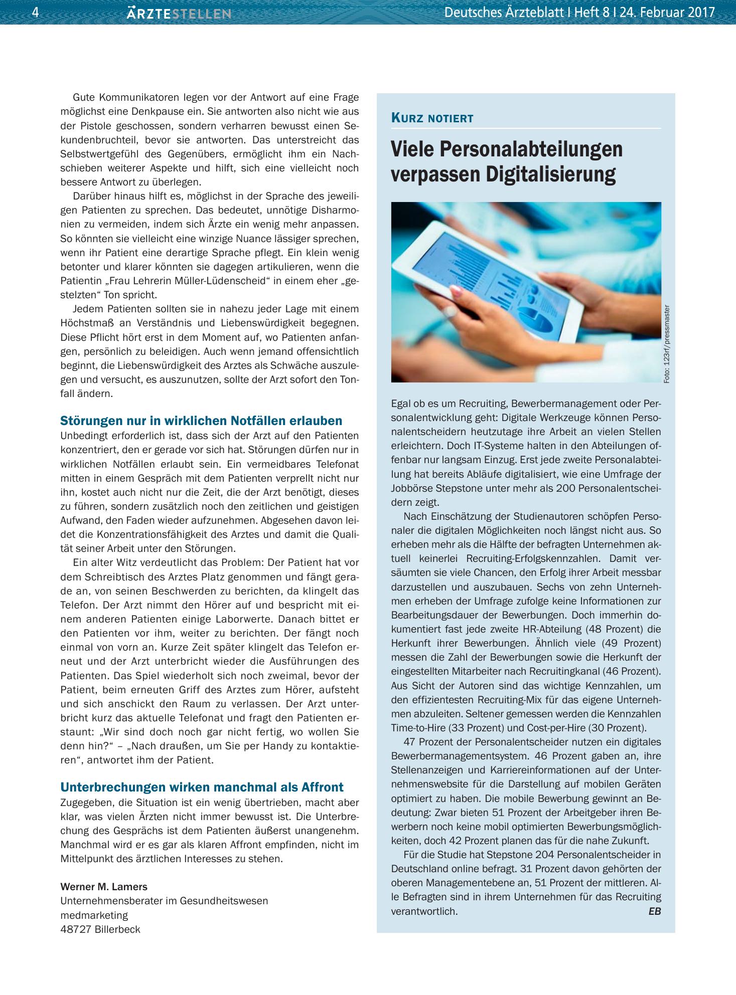 Vorschauseite 1: Viele Personalabteilungen verpassen Digitalisierung – Deutsches Ärzteblatt