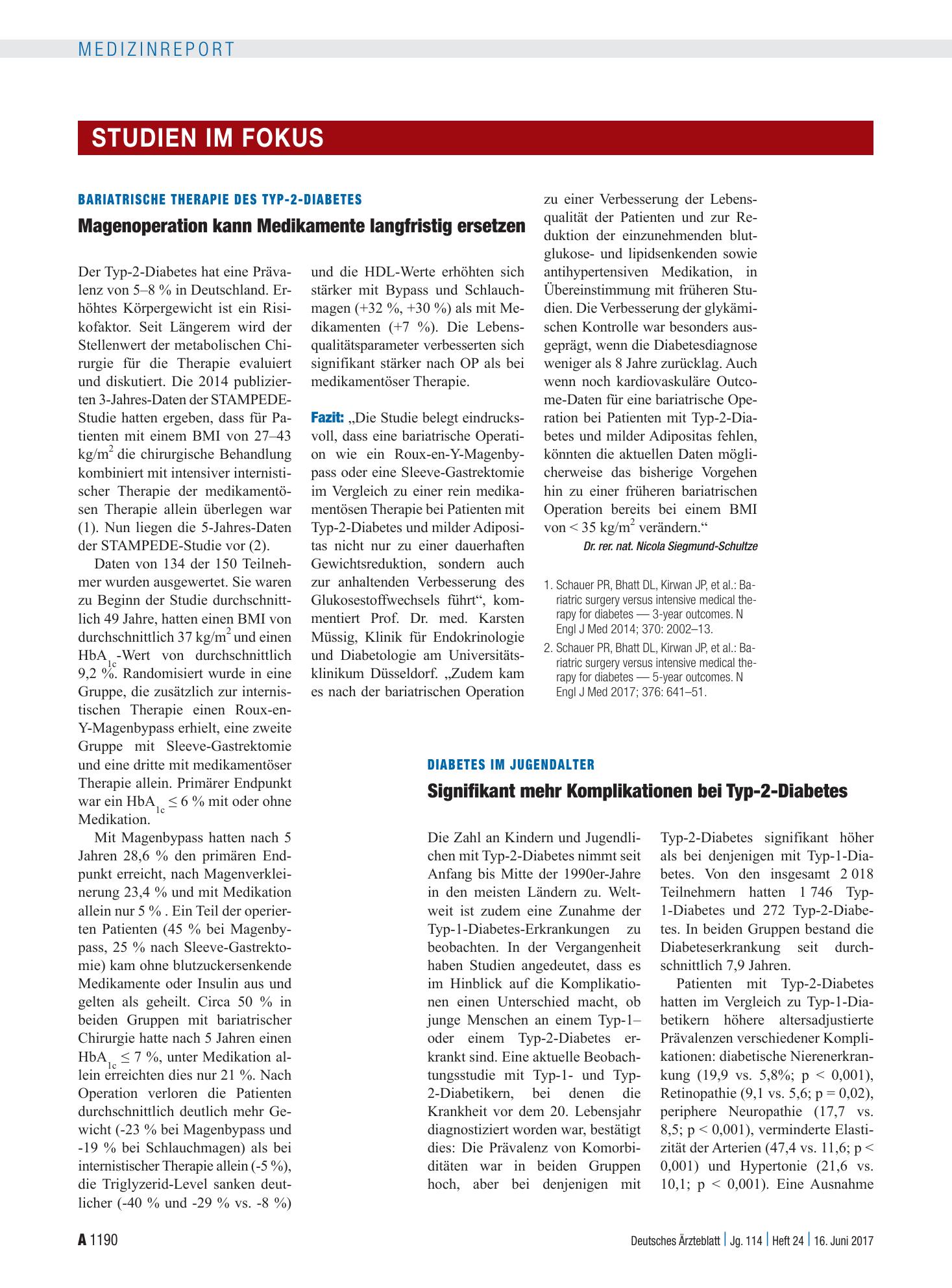 Vorschauseite 1: Bariatrische Therapie des Typ-2-Diabetes: Magenoperation kann Medikamente langfristig ersetzen – Deutsches Ärzteblatt