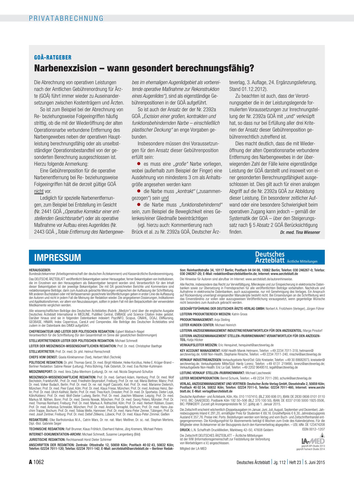 Vorschauseite 1: GOÄ-Ratgeber: Narbenexzision – wann gesondert berechnungsfähig? – Deutsches Ärzteblatt