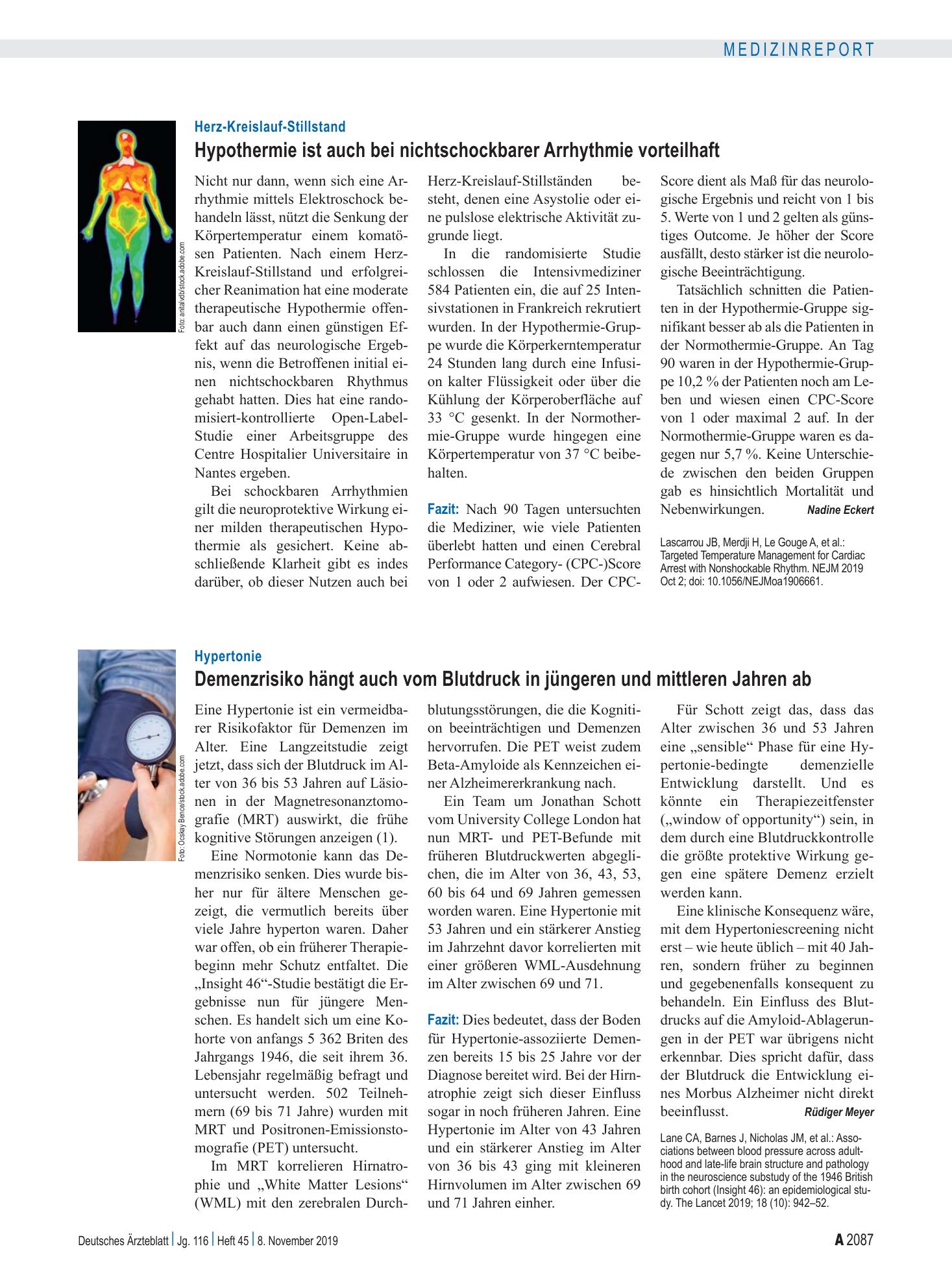 Vorschauseite 1: Herz-Kreislauf-Stillstand: Hypothermie ist auch bei nichtschockbarer Arrhythmie vorteilhaft – Deutsches Ärzteblatt