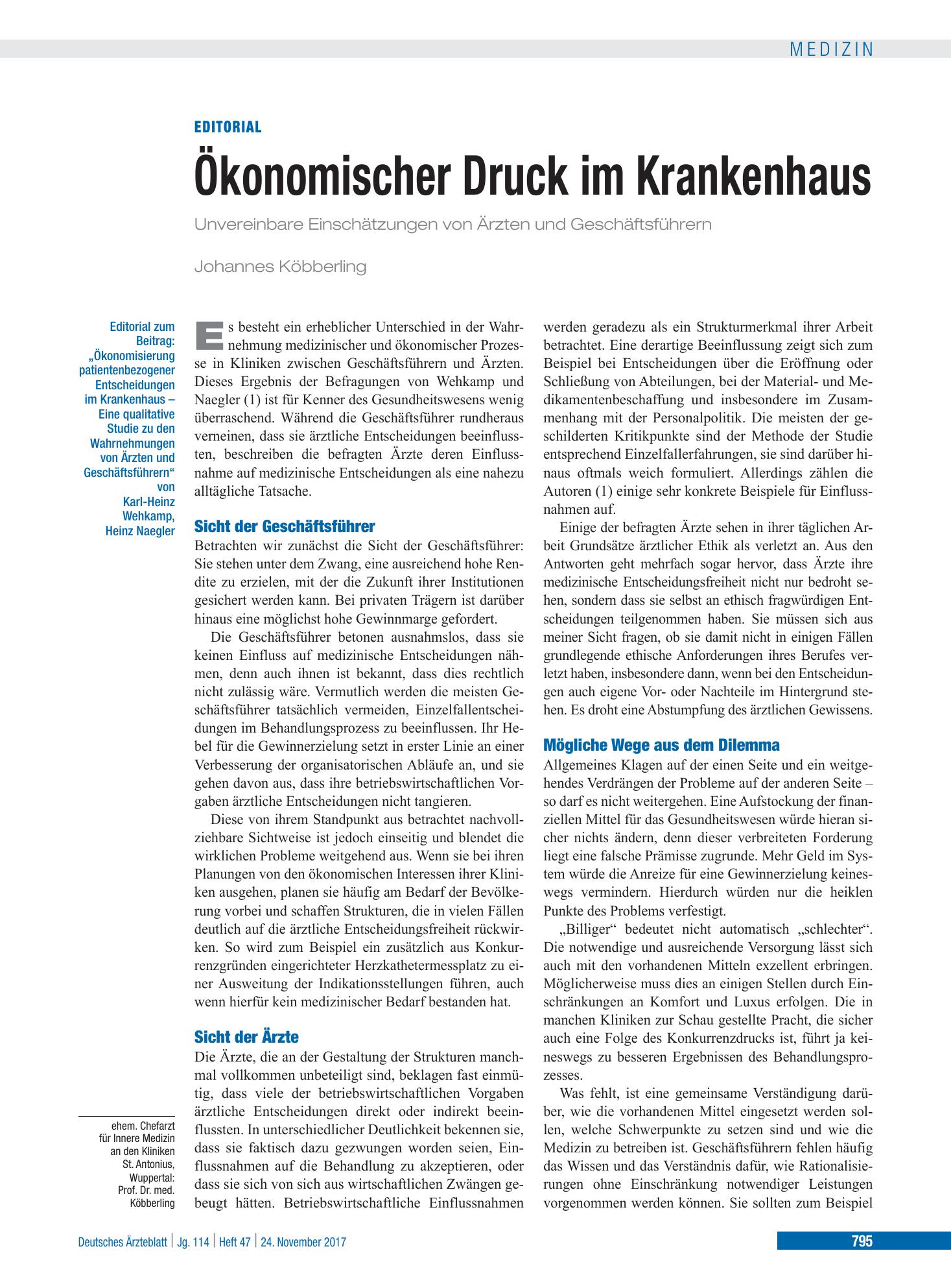 Vorschauseite 1: Ökonomischer Druck im Krankenhaus – Deutsches Ärzteblatt