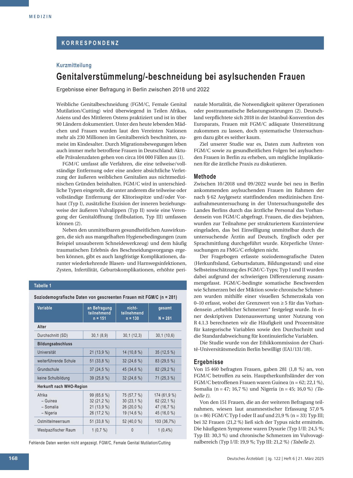 Vorschauseite 1: Genitalverstümmelung/-beschneidung bei asylsuchenden Frauen – Deutsches Ärzteblatt