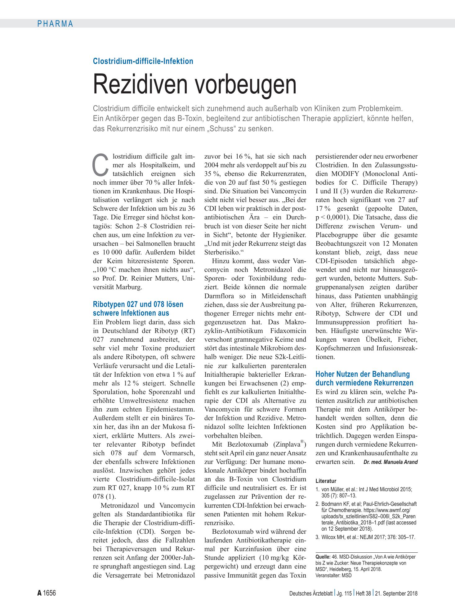 Vorschauseite 1: Clostridium-difficile-Infektion: Rezidiven vorbeugen – Deutsches Ärzteblatt