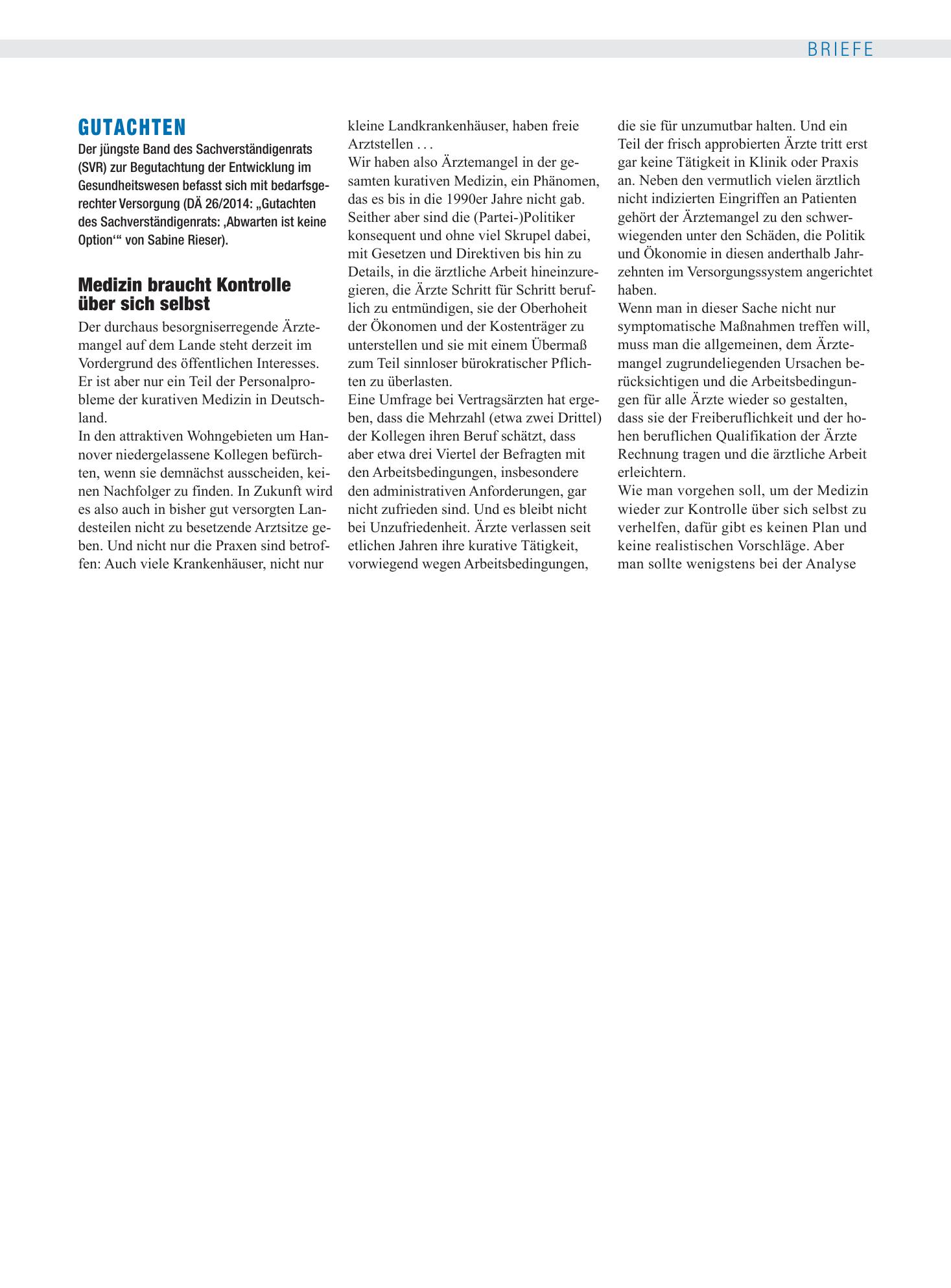Vorschauseite 1: Gutachten: Medizin braucht Kontrolle über sich selbst – Deutsches Ärzteblatt